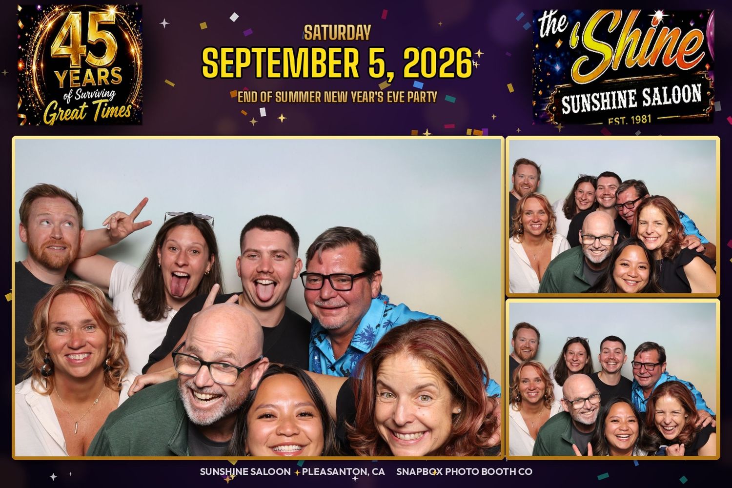 Group photo at Sunshine Saloon 45th anniversary party, September 5, 2026, Pleasanton, CA.