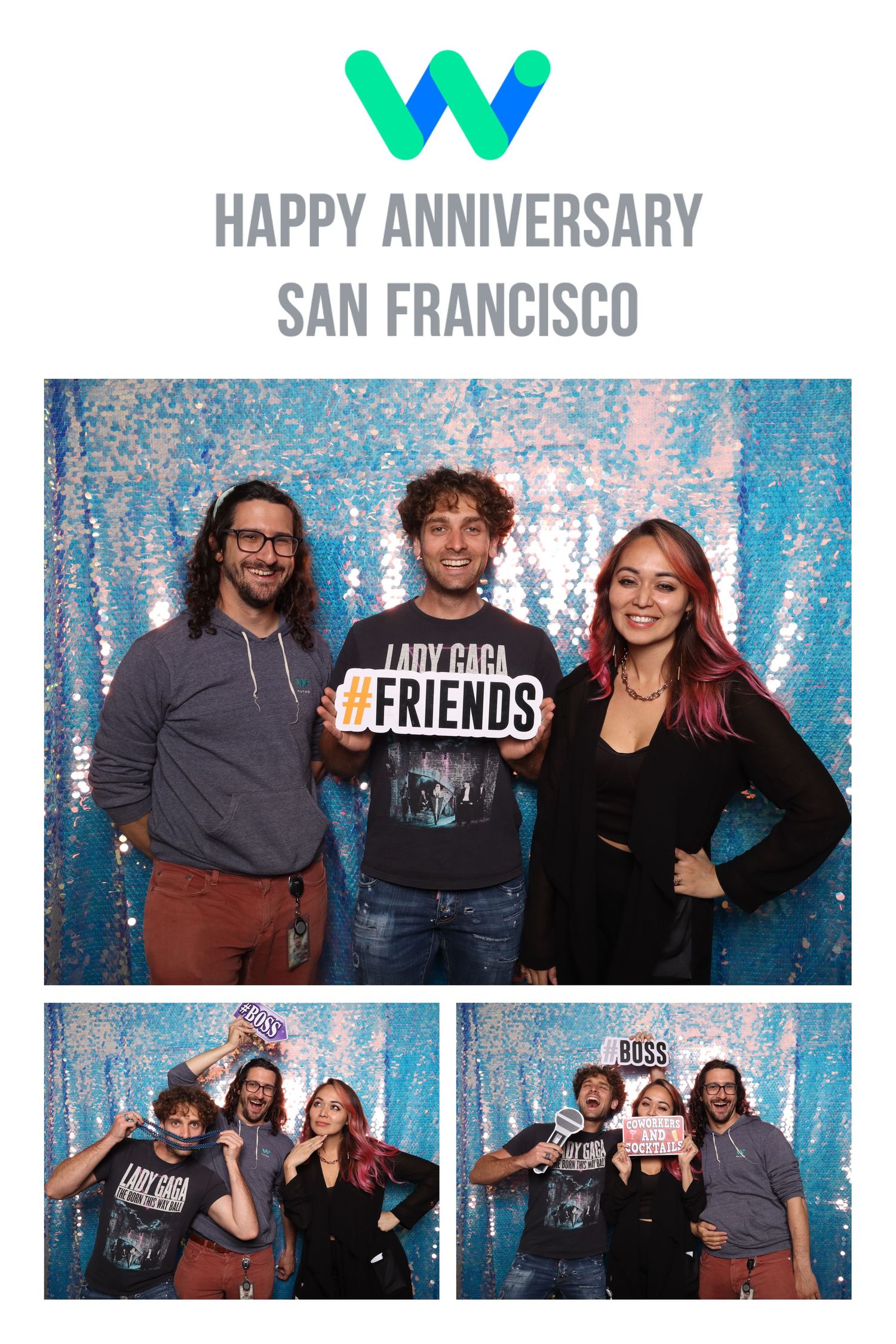 Group of friends posing at a Waymo Happy Anniversary San Francisco photo booth with a sequin backdrop.