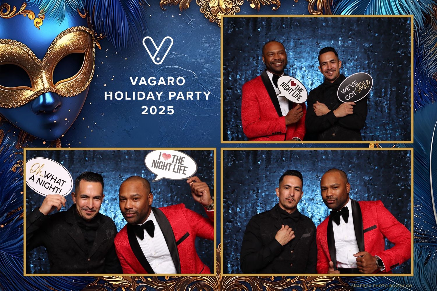 Men in red tuxedos pose at Vagaro Holiday Party 2025 photo booth with Mardi Gras masks and fun props.