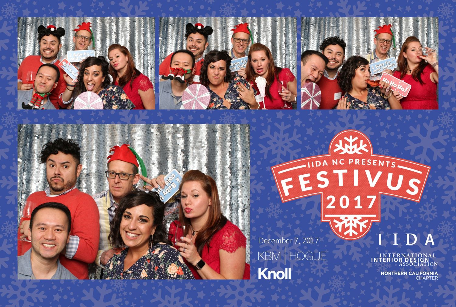 Group photo booth strip from IIDA NC Festivus 2017 holiday party, sponsored by Knoll, featuring festive colleagues posing together.