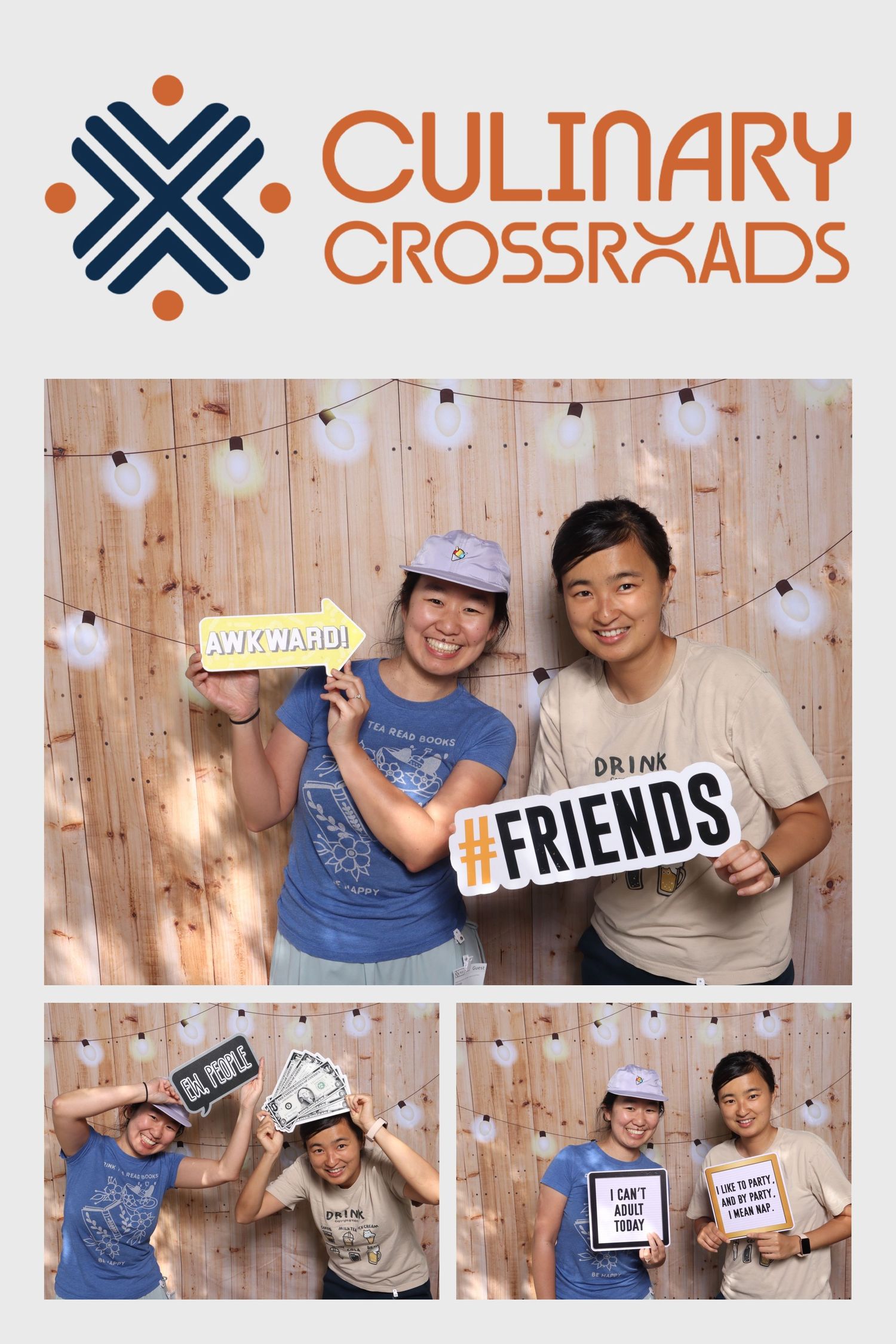 Two friends pose at a Culinary Crossroads photo booth holding fun signs reading Awkward, Drink, and Friends at Google X