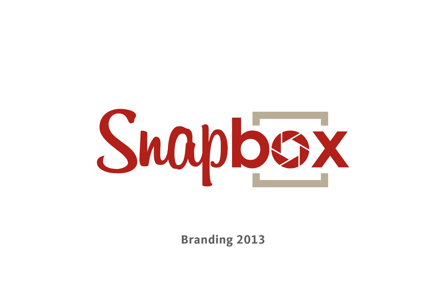 Snapbox branding logo design 2013, featuring red cursive text with a camera aperture icon inside a square frame.