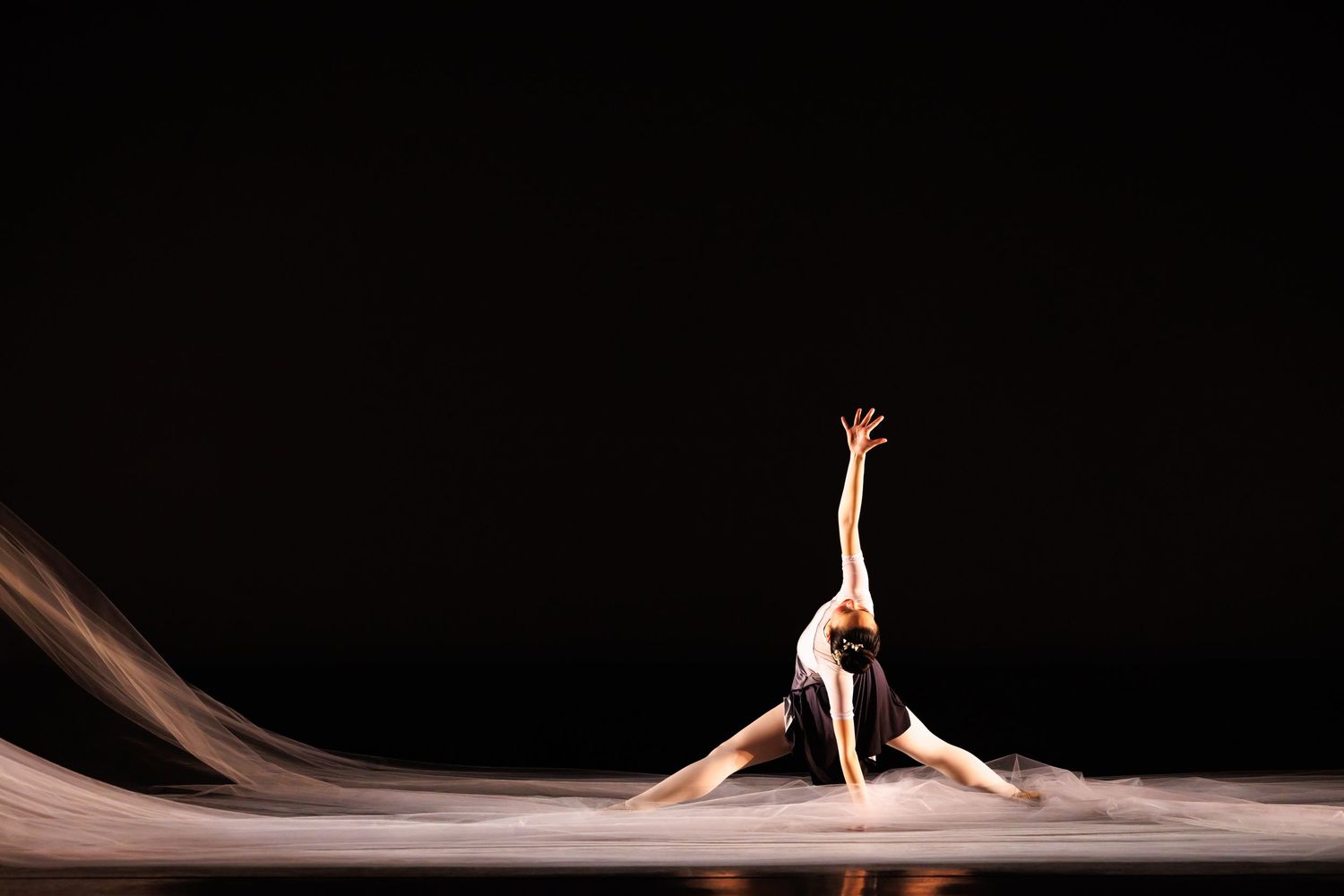 A dancer performs a dramatic split stretch on stage, arms reaching upward against a dark background.
