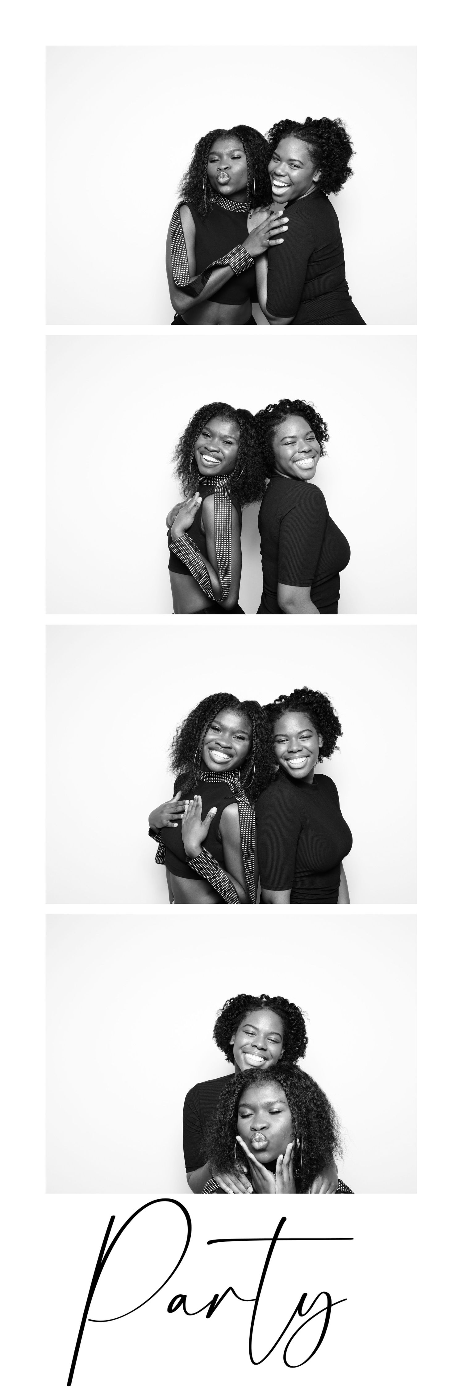 Black and white photo booth strip of two women laughing and hugging, labeled Party.