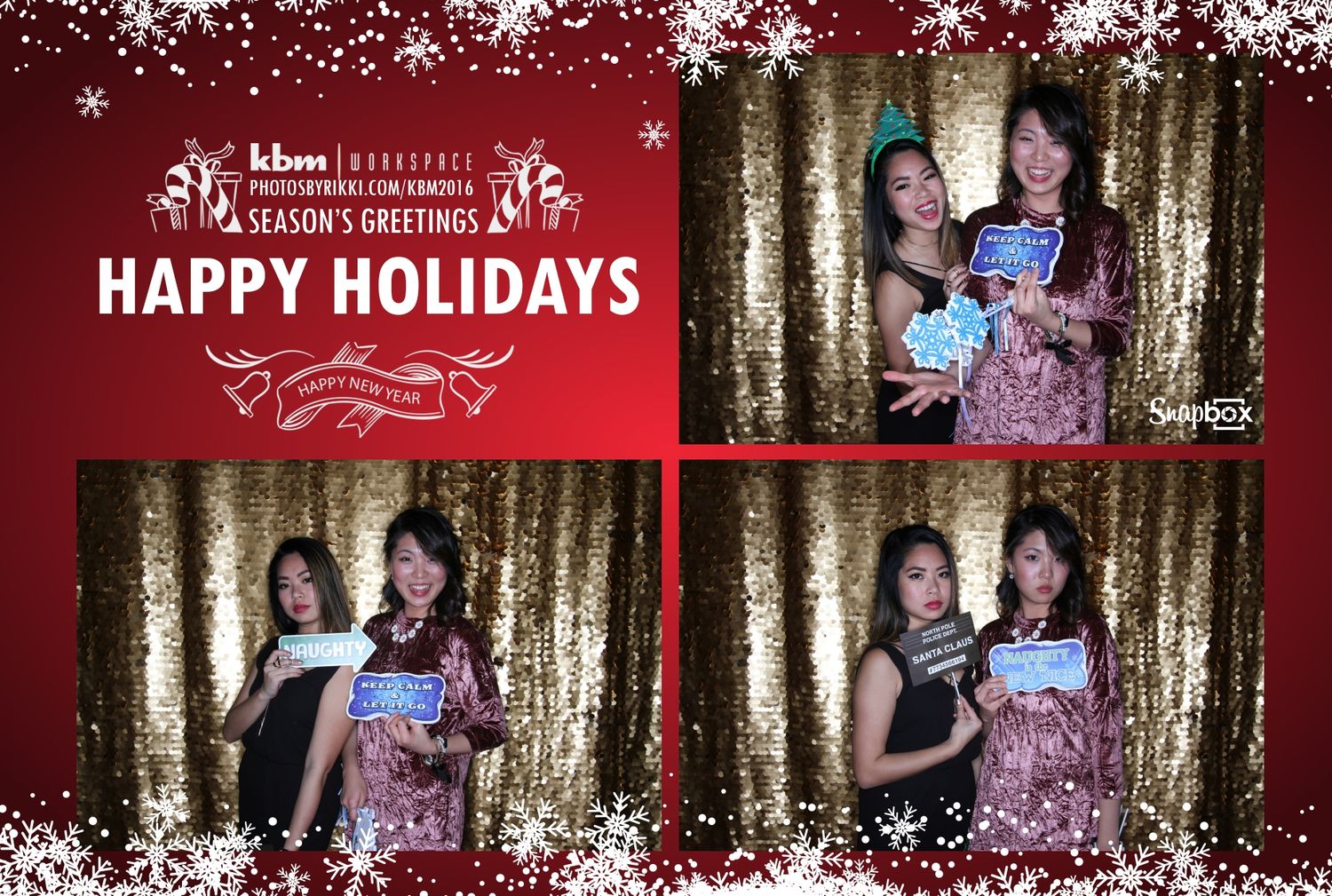 Three women pose in front of a red Happy Holidays Season's Greetings backdrop at a festive holiday photo booth.