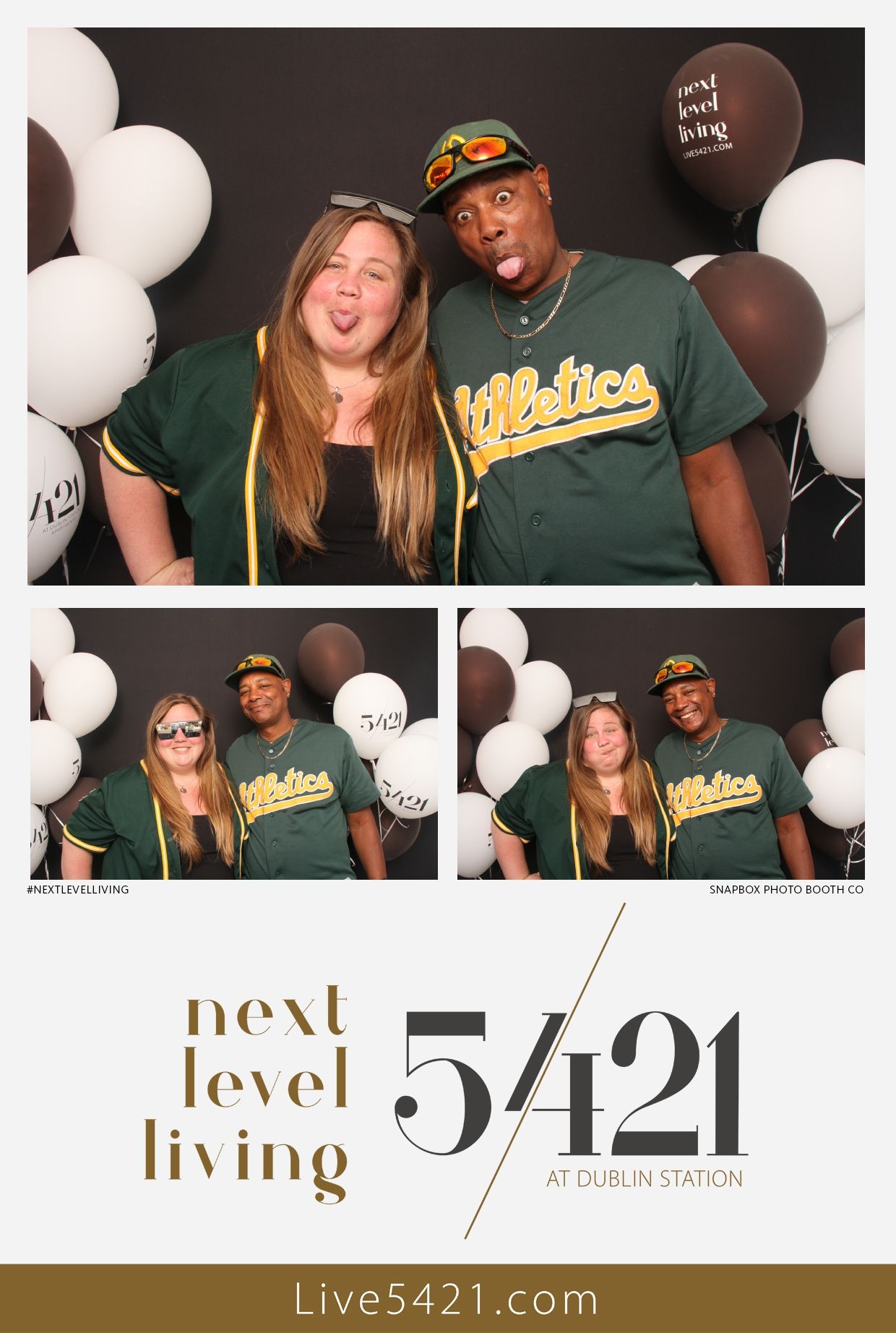 Two friends in Oakland Athletics jerseys pose playfully at Live5421 photo booth event.