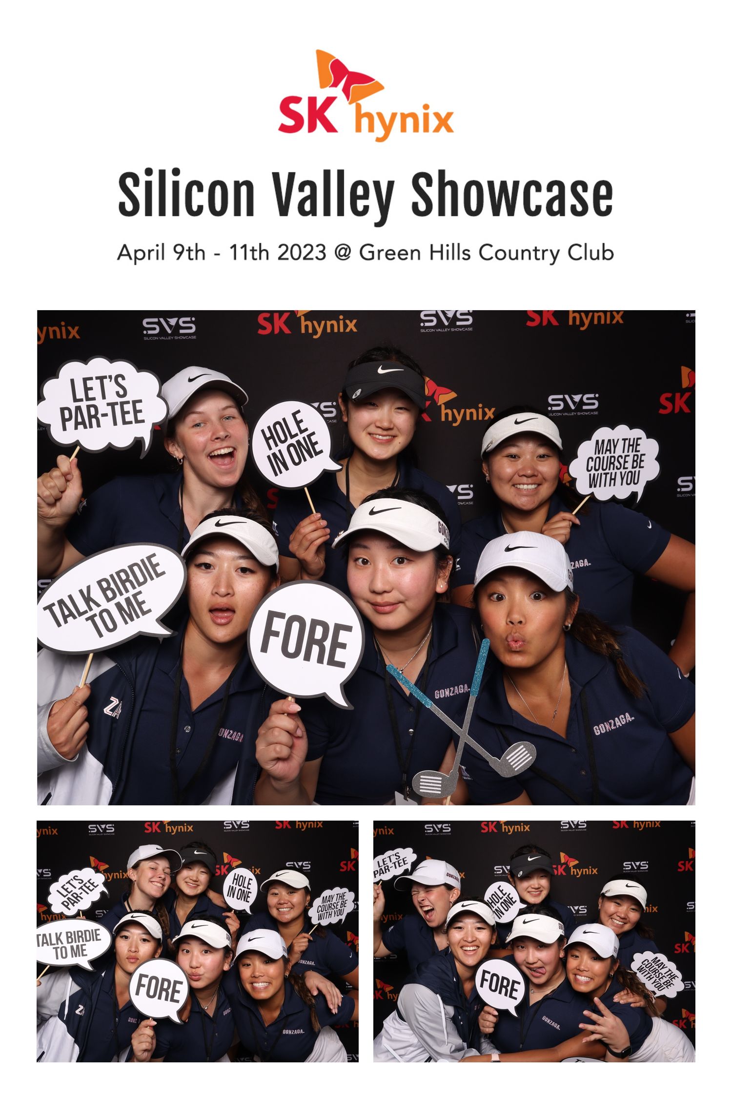 Group of women posing with golf-themed props at SK Hynix Silicon Valley Showcase, April 2023, Green Hills Country Club.