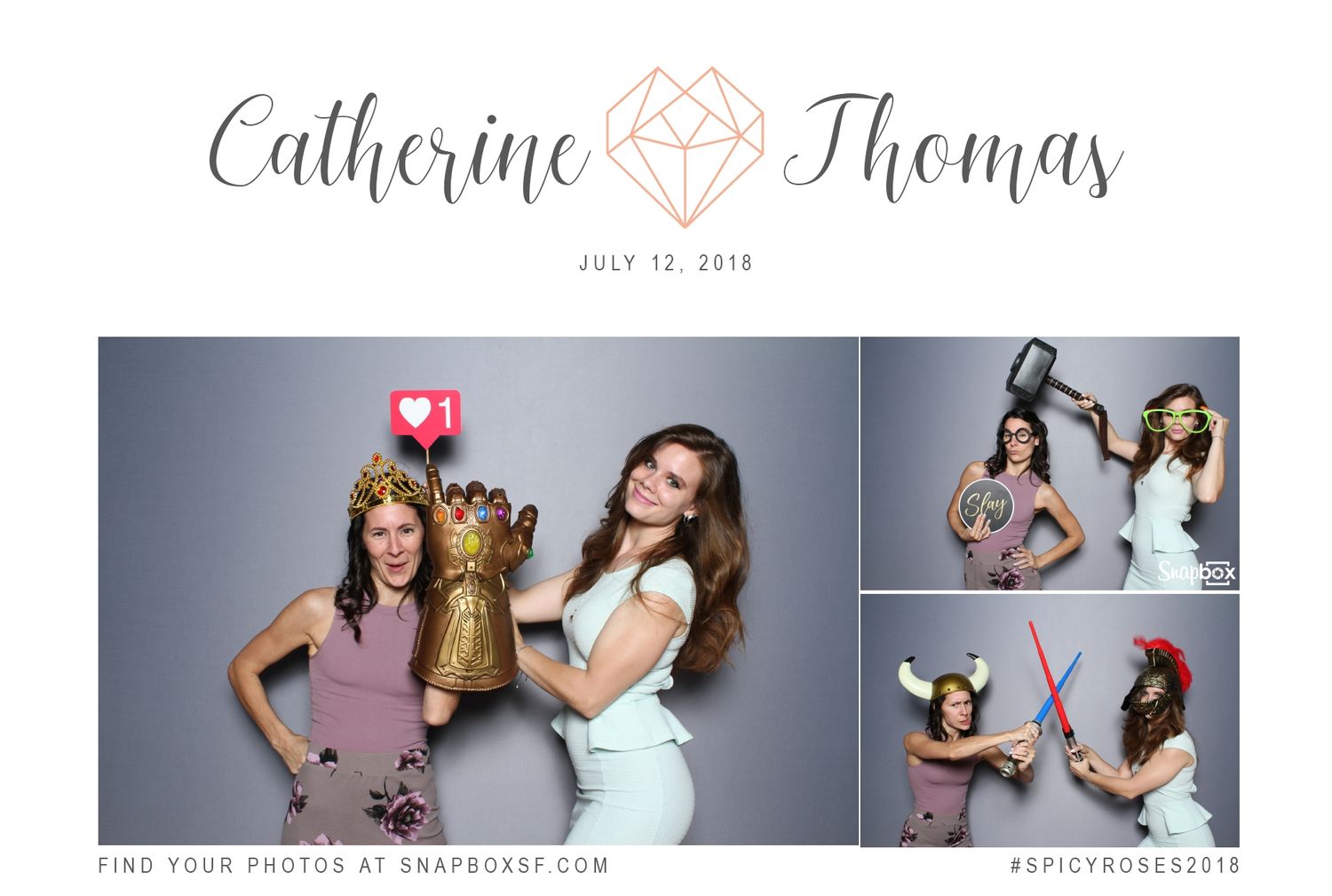 Photo booth strip from Catherine and Thomas wedding on July 12, 2018, showing two women posing with fun props.