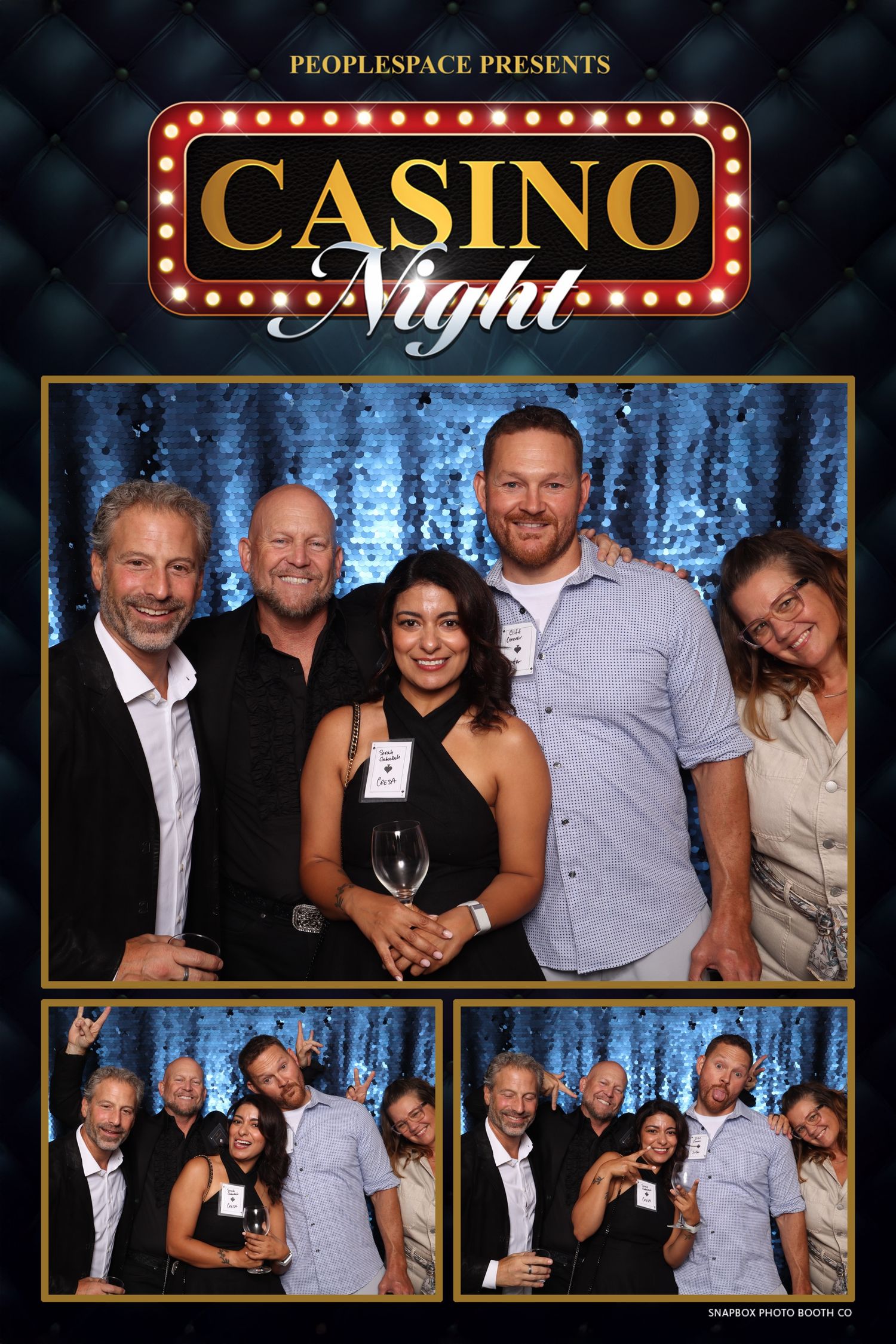 Group of five adults posing at a Casino Night event hosted by PeopleSpace, with sequin backdrop.