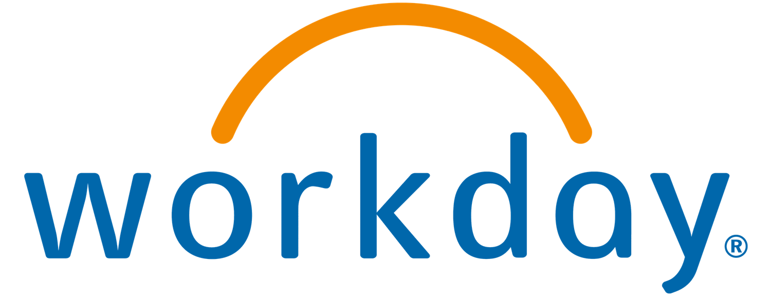 Workday logo featuring bold blue lowercase text with an orange arc above, symbolizing a sunrise.