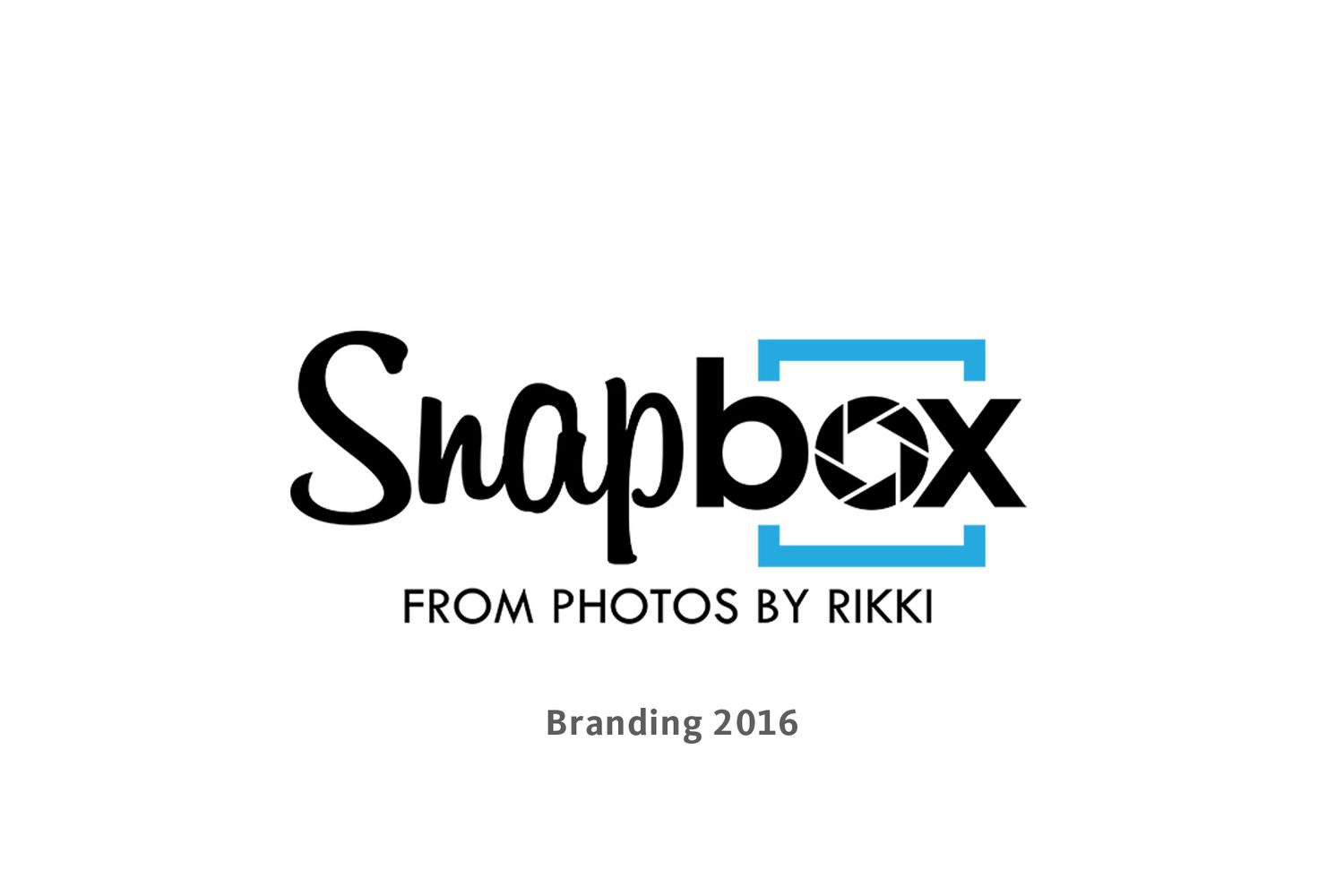Snapbox photography branding logo design from Photos by Rikki, featuring a camera shutter icon, 2016.
