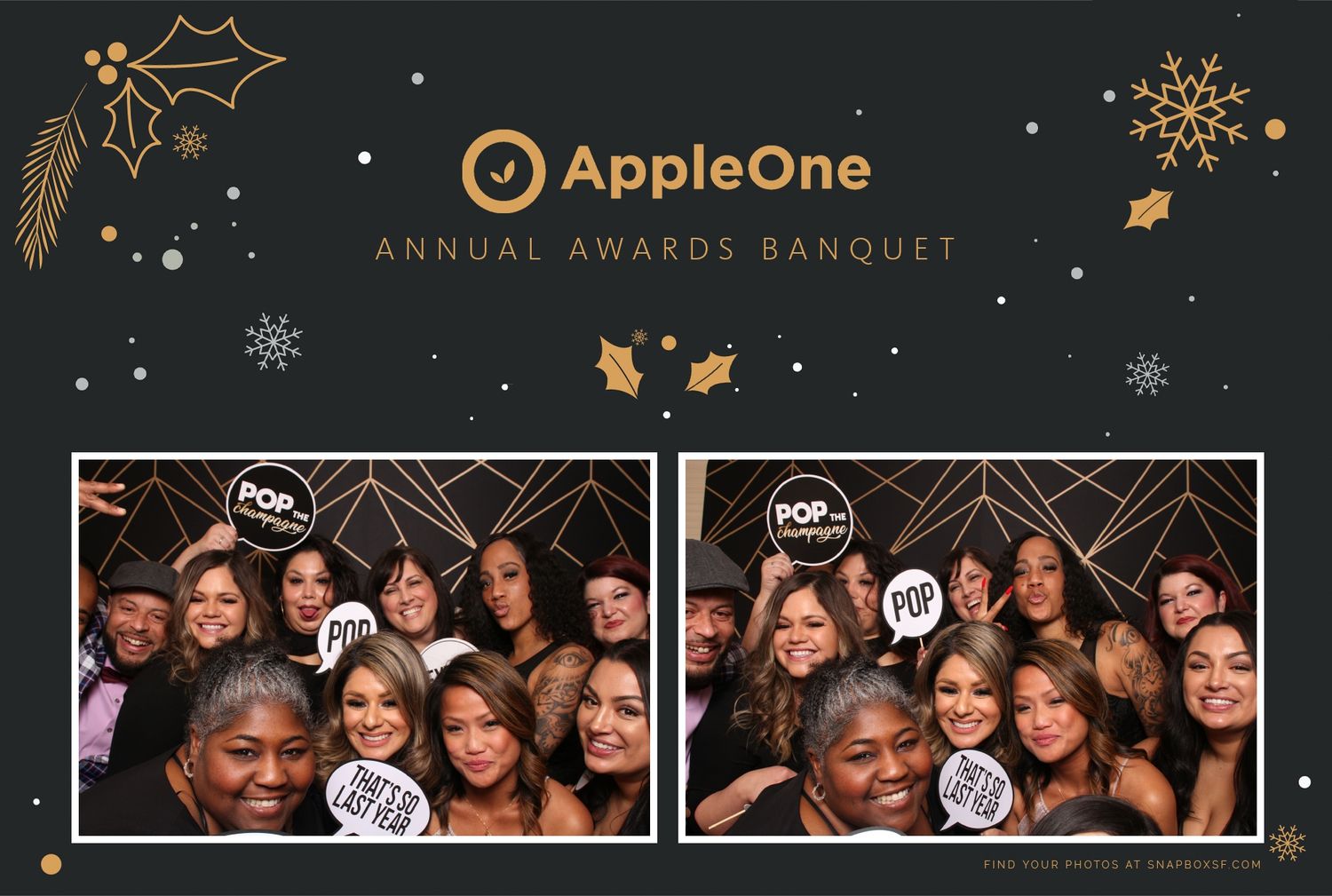 Group photo at AppleOne Annual Awards Banquet holiday party with smiling employees holding fun props.