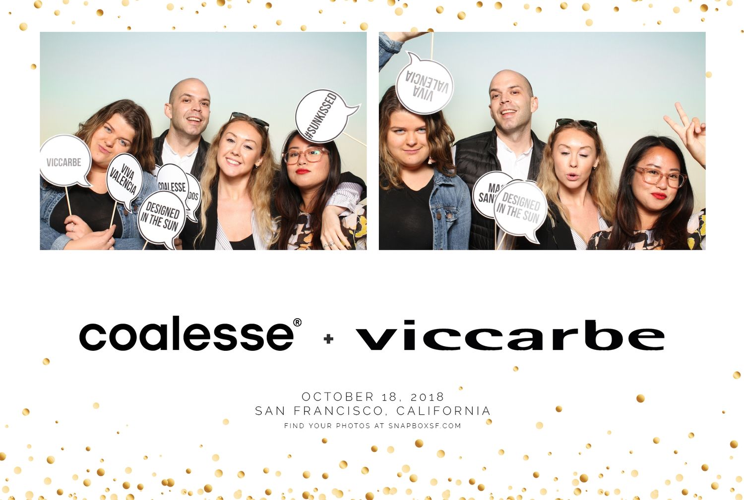 Photo booth strip from Coalesse and Viccarbe event on October 18, 2018 featuring guests with props.