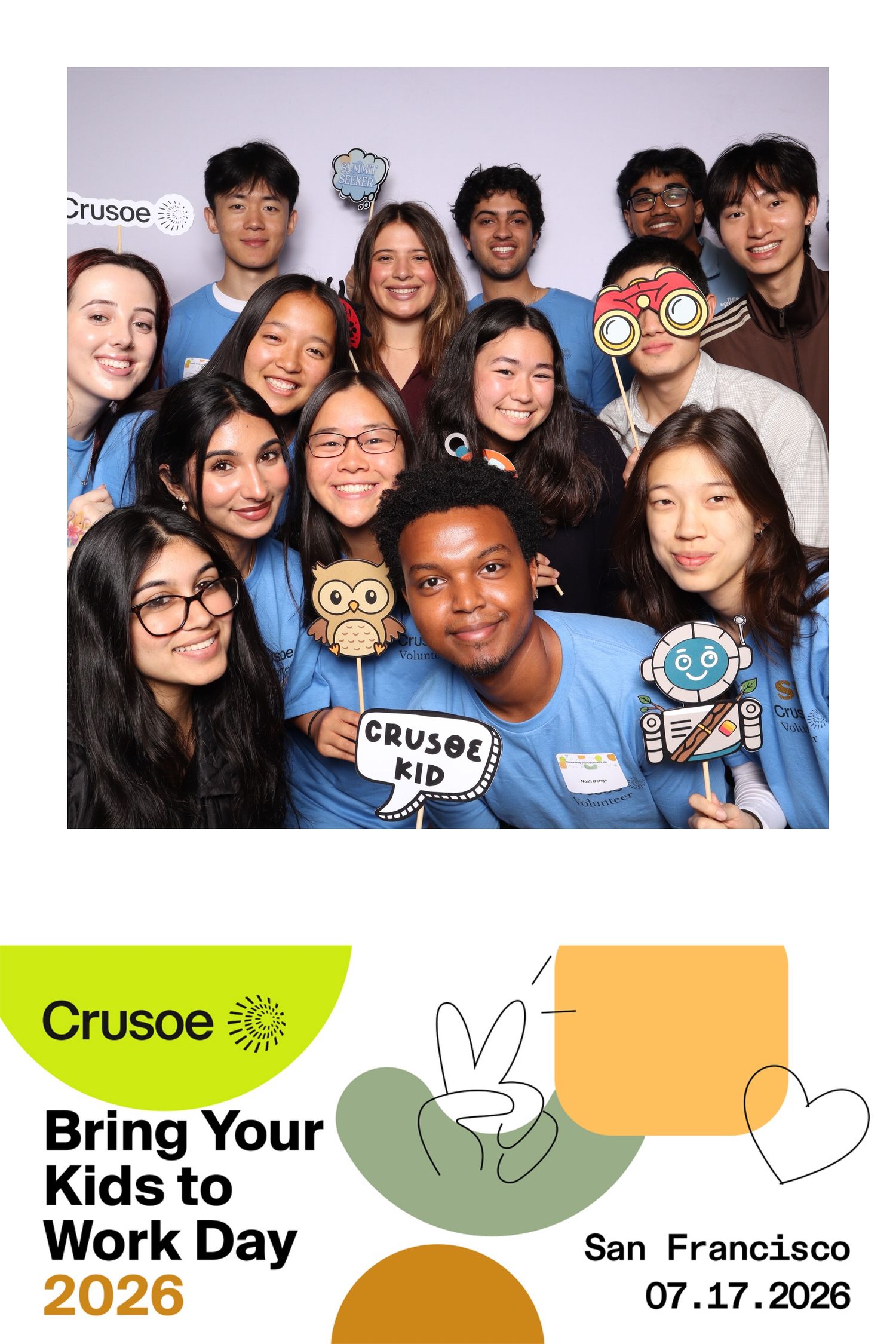 Group of smiling teens at Crusoe Bring Your Kids to Work Day 2026 photo booth in San Francisco.