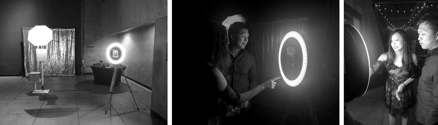 Black and white triptych of circular ring lights in art gallery, portrait, and tunnel installations.