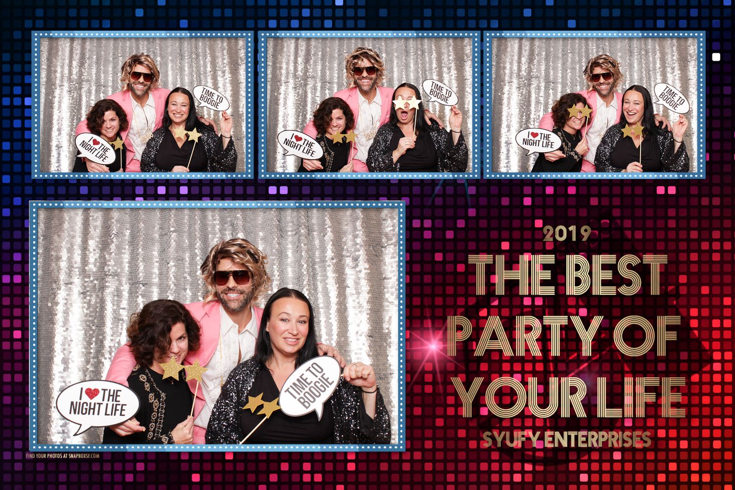 Group of friends posing at a 2019 photo booth party event with fun props and sequin backdrop.