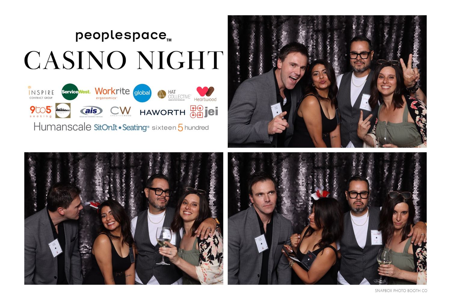 Group of elegantly dressed guests posing at a Peoplespace Casino Night corporate event photo booth.