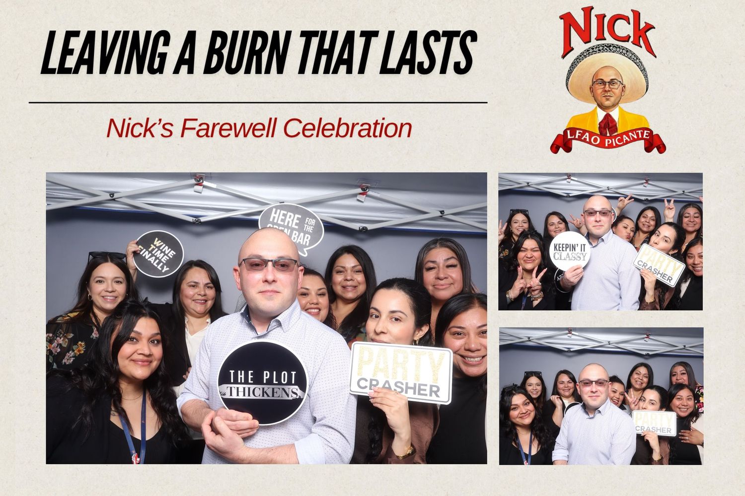 Group photo at Nick's Farewell Celebration event titled Leaving a Burn That Lasts, featuring smiling colleagues.