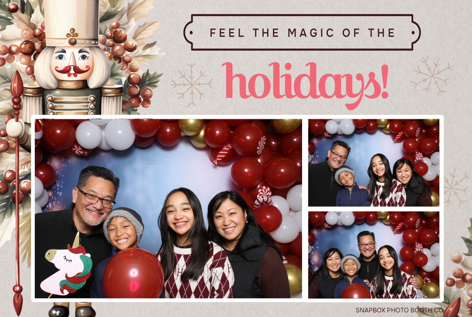 Holiday photo booth collage of a group of friends posing in front of red balloons with festive nutcracker decorations.