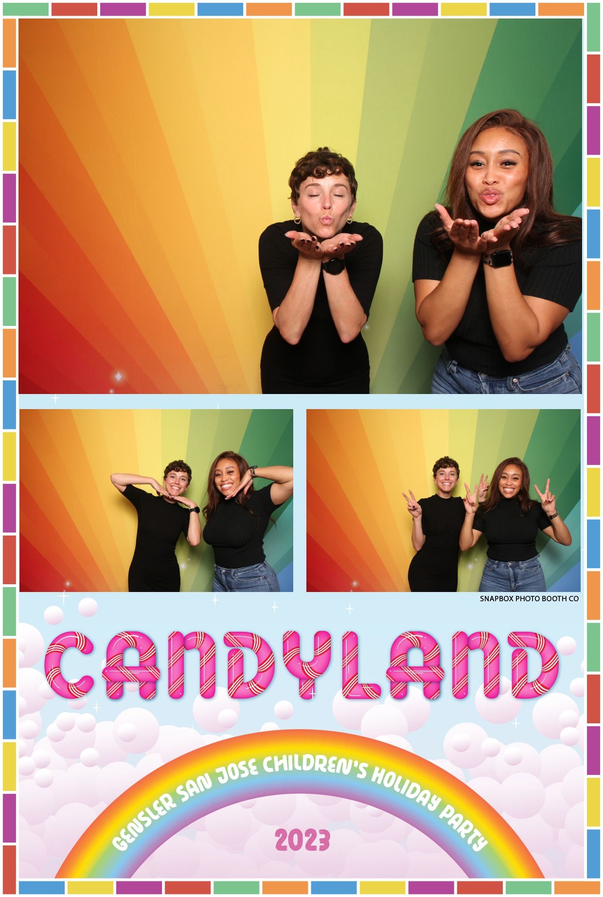 Two women pose playfully in a photo booth at the Candyland-themed Gessler San Jose Children's Holiday Party 2023.