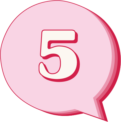 The number five wrapped in a pink speech bubble