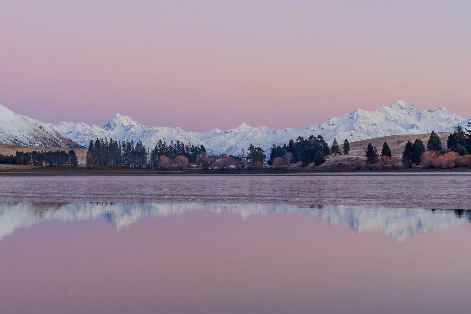 New Zealand landscapes. Pink dawn at Lake Camp