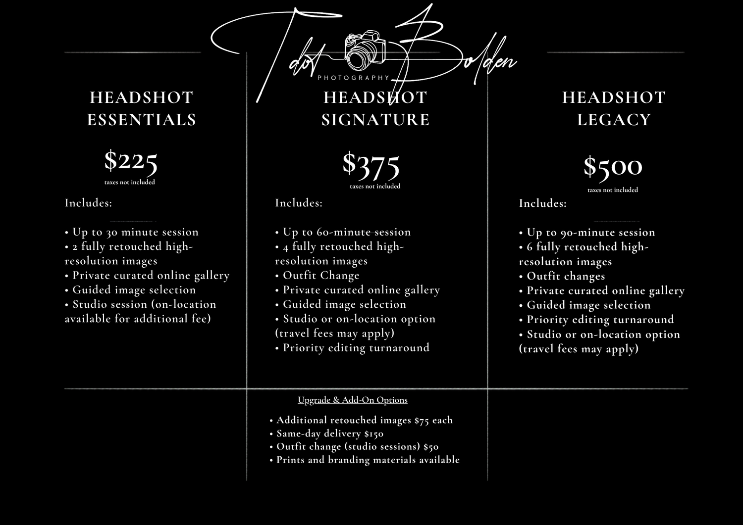 Professional photography pricing packages card showing Headshot Essentials $225, Signature $375, and Legacy $500 options.