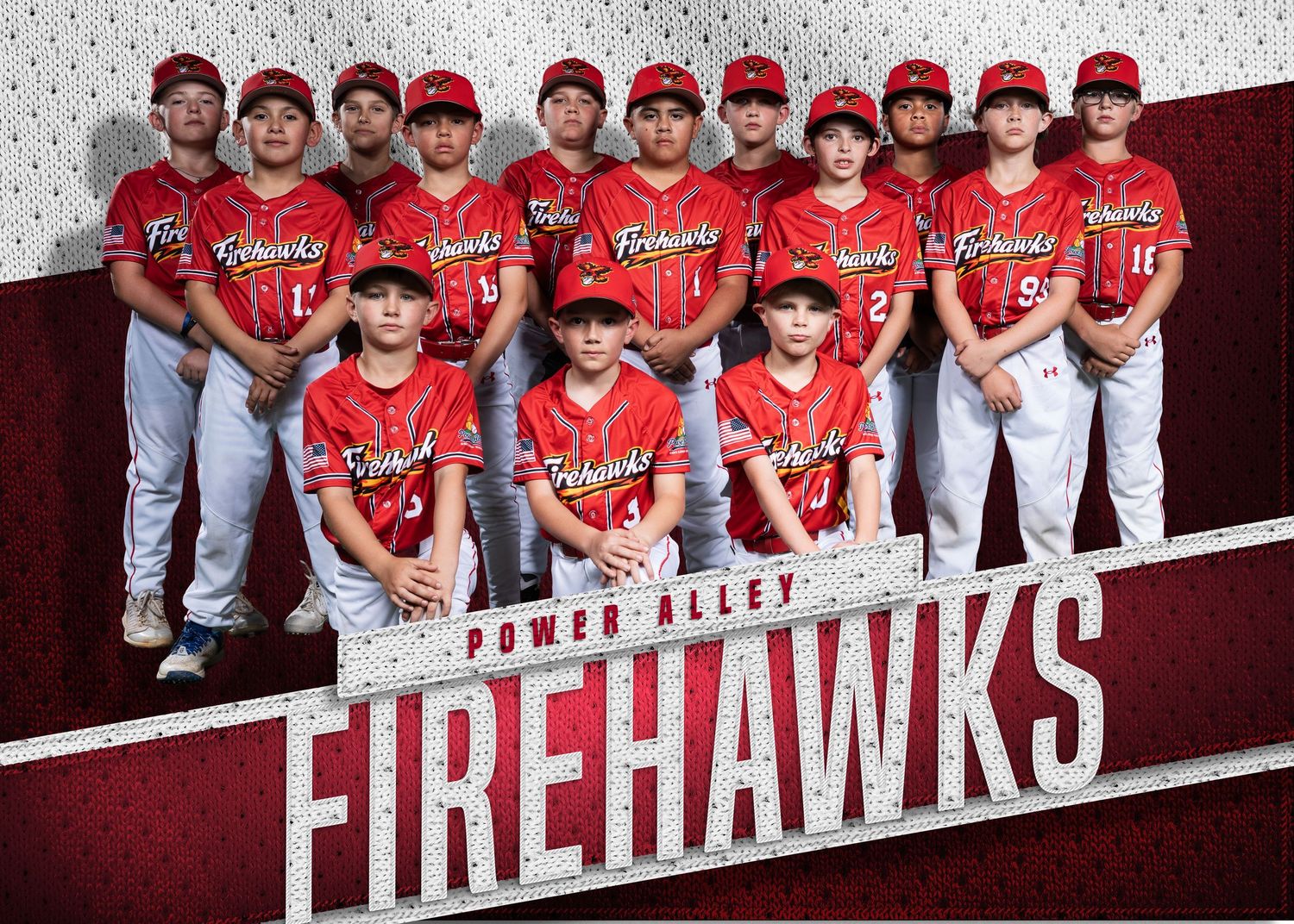 Power Alley Firehawks youth baseball team photo in red uniforms.