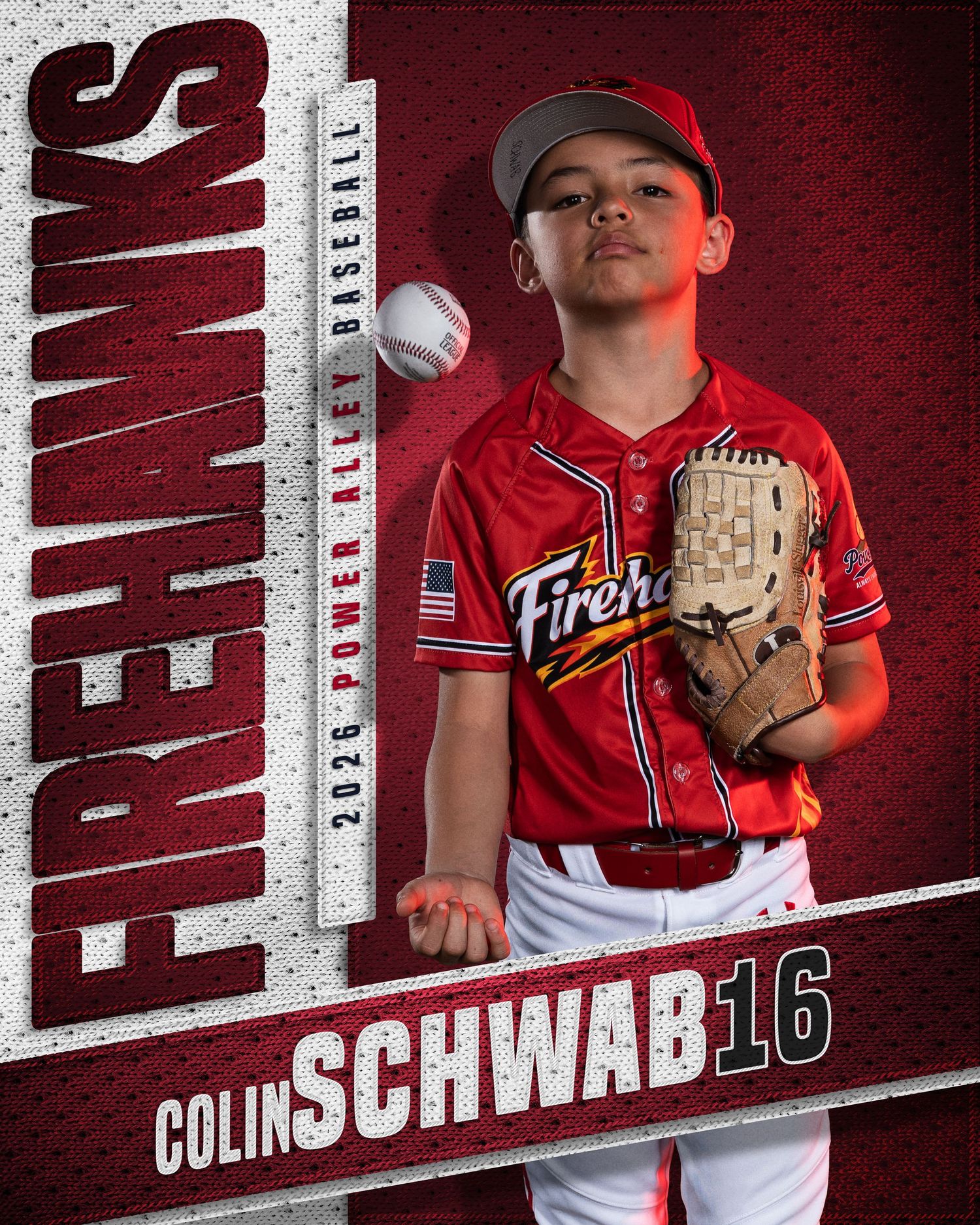 Colin Schwab number 16 Firehawks 2026 Power Alley Baseball player card.