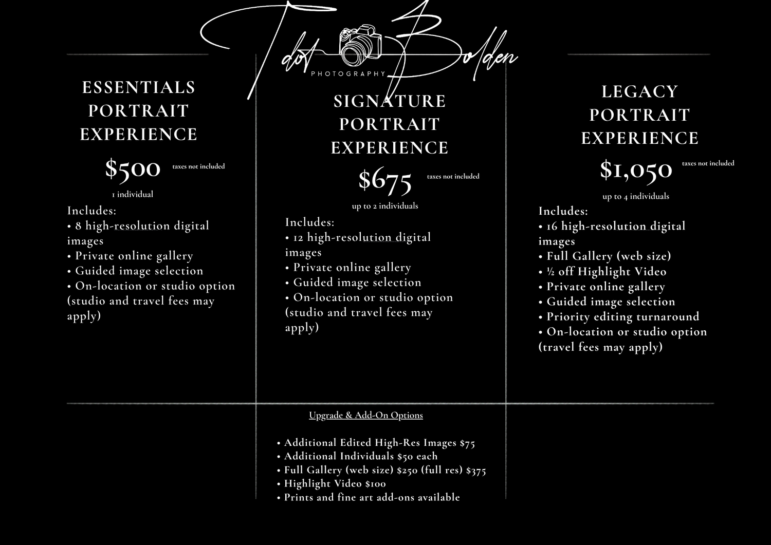 Photography studio pricing packages showing Essentials at $500, Signature at $675, and Legacy at $1,050 portrait experiences.