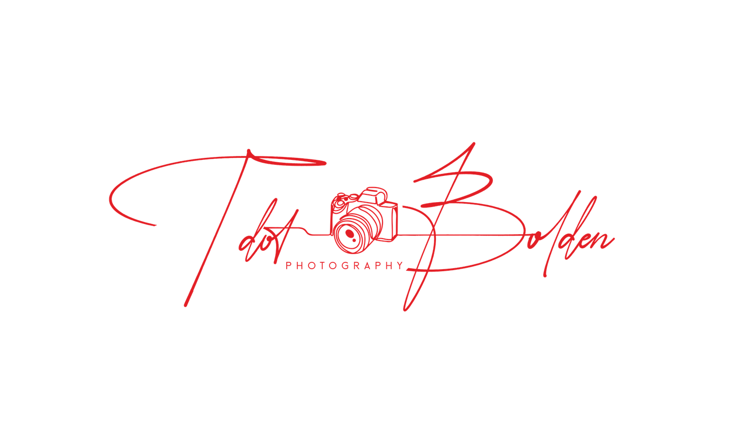 Red cursive logo for Tabt Bolden Photography featuring a decorative camera illustration on a white background.
