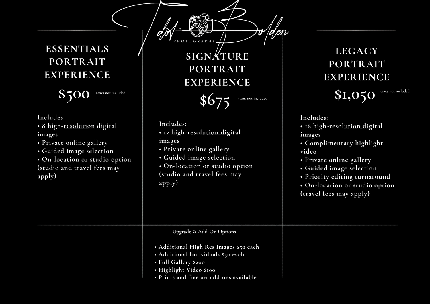 Photography studio pricing card showing three portrait experience packages: Essentials $500, Signature $675, and Legacy $1,050.