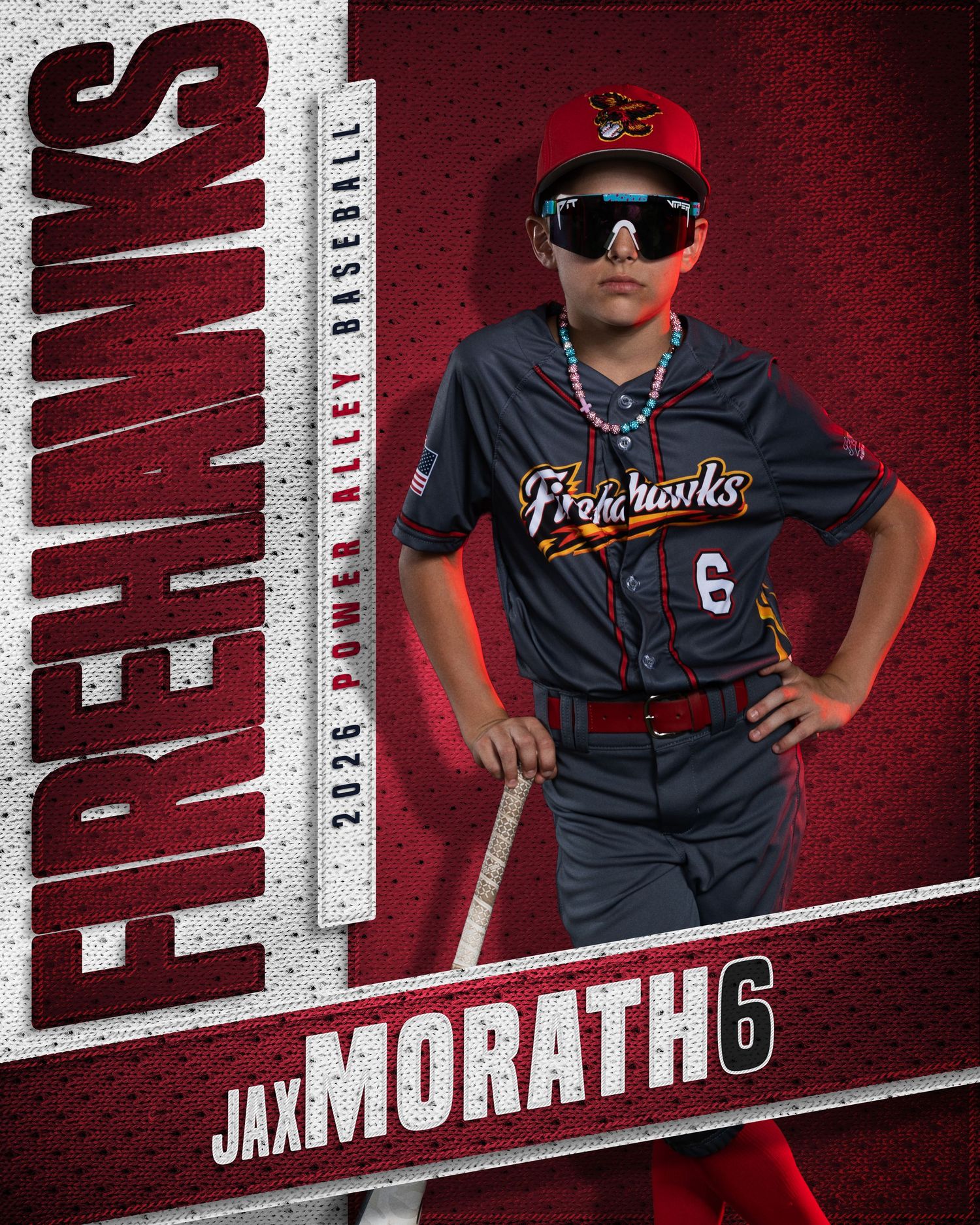 Jax Morath #6 poses confidently in a Firehawks gray uniform for the 2026 Power Alley Baseball team.