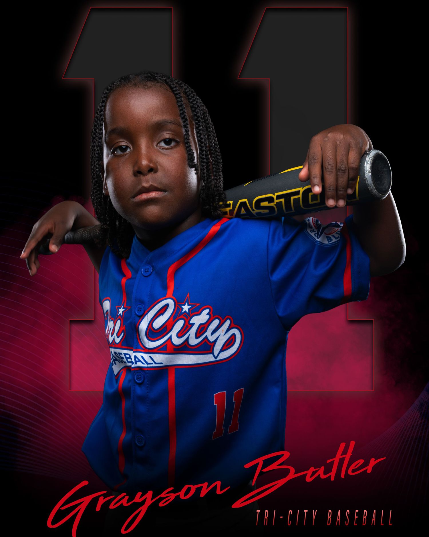 Grayson Butler, number 11, poses with a bat in a Tri-City Baseball uniform on a red and black background.