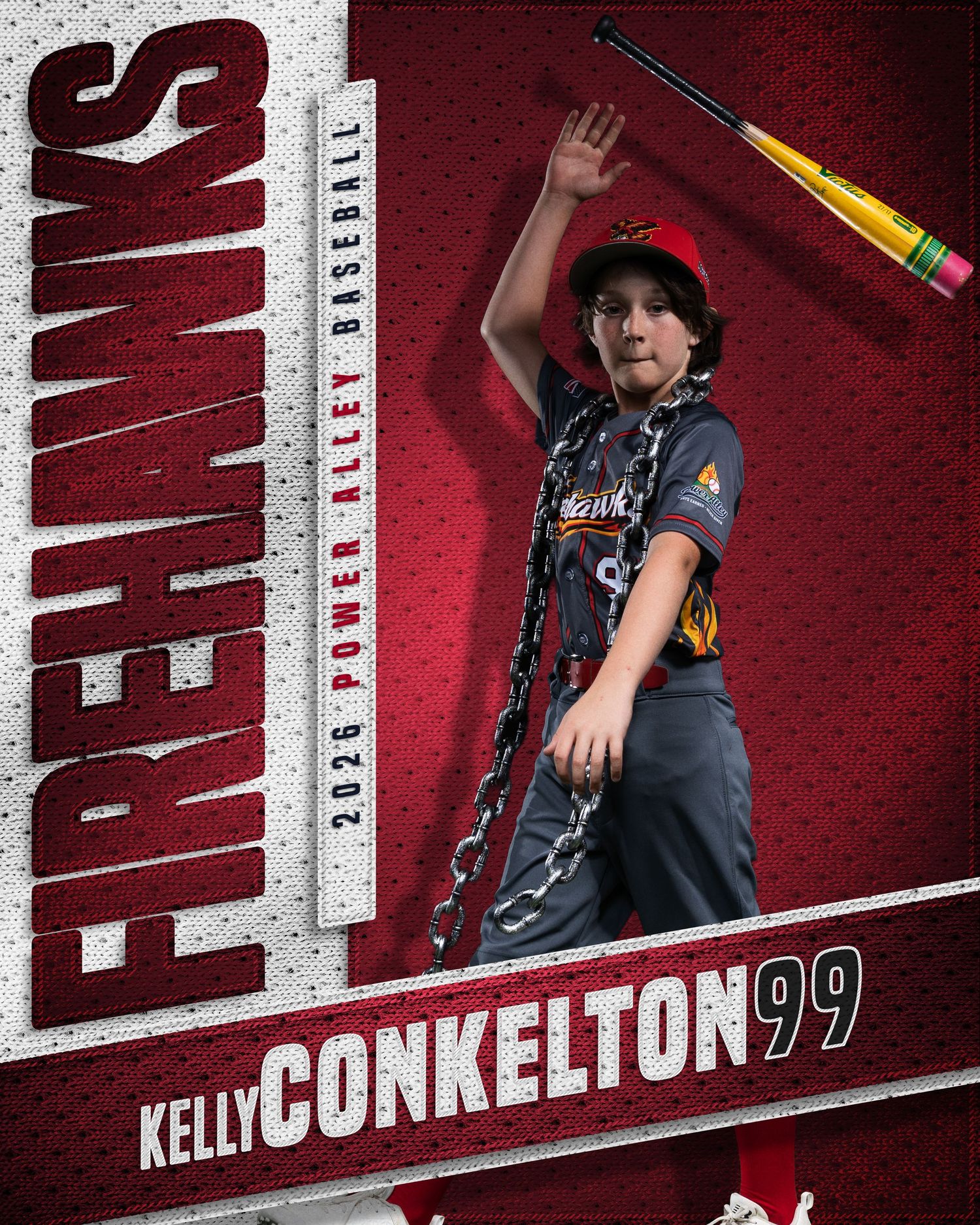 Kelly Conkelton #99 poses with chains and a bat for the Firehawks 2026 Power Alley Baseball team photo.