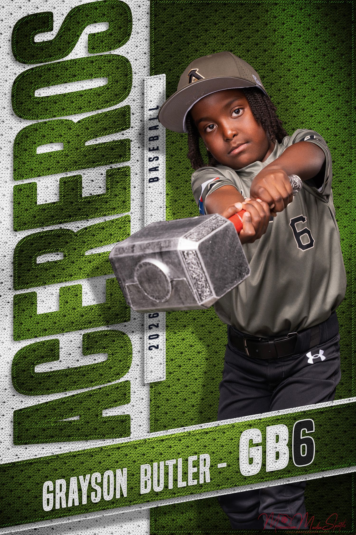 Grayson Butler GB6 Acereros baseball player posing with Thor hammer in gray uniform on green background.