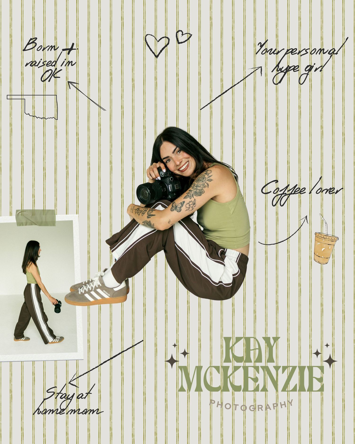 Kay McKenzie Photography branding collage featuring a tattooed female photographer on striped background.