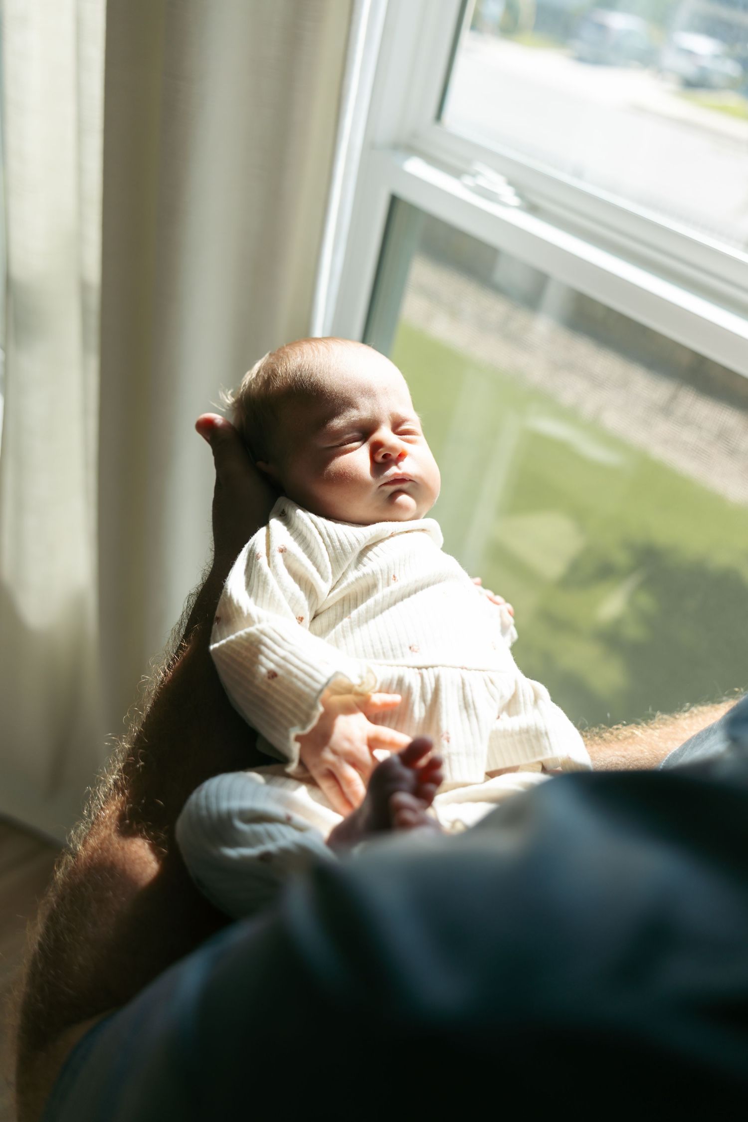Newborn baby sleeping in sunlight near a window, cradled in parent's arms.