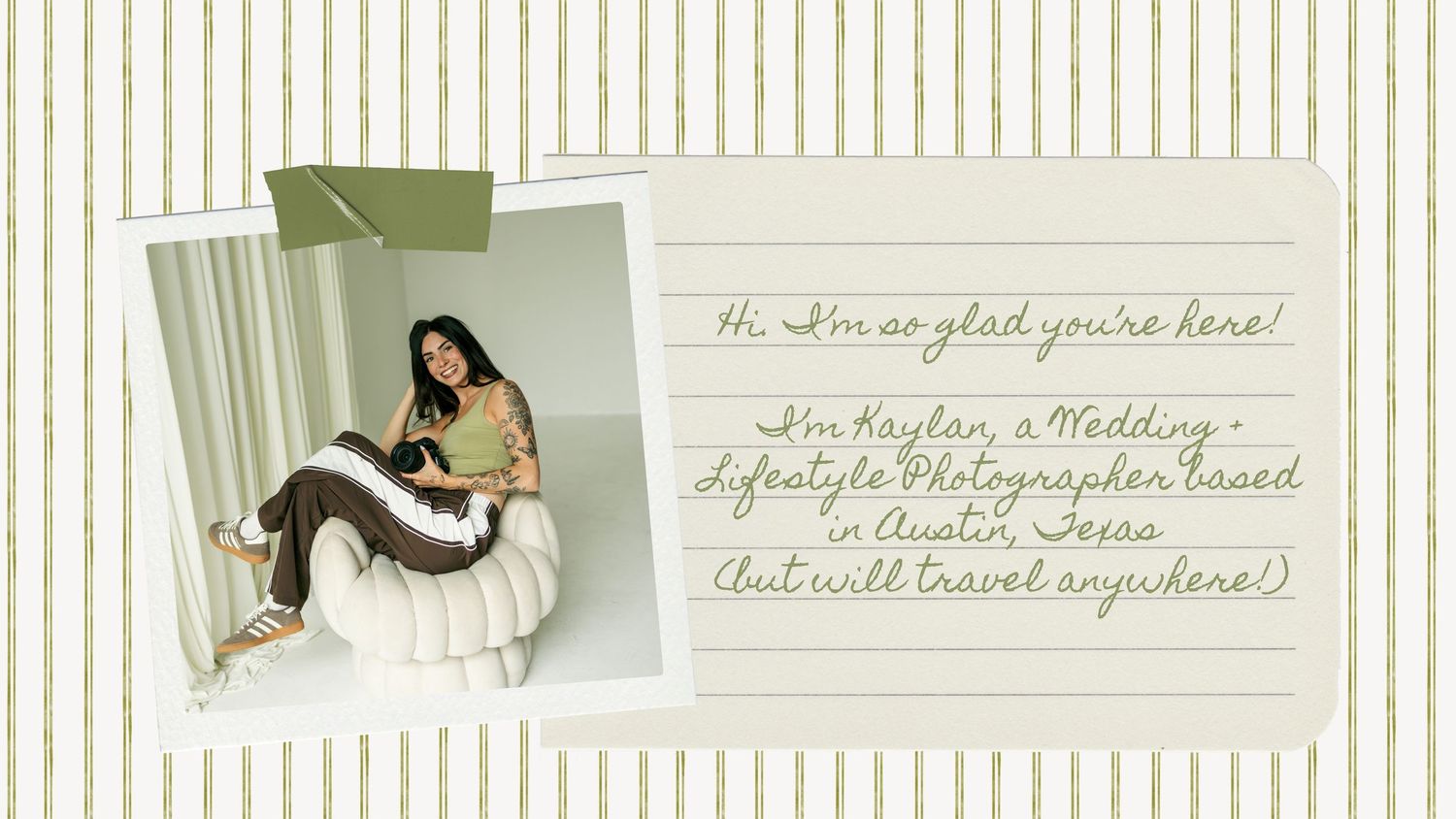 Austin Texas wedding and lifestyle photographer Kaylan sits in a white chair on her website about page.