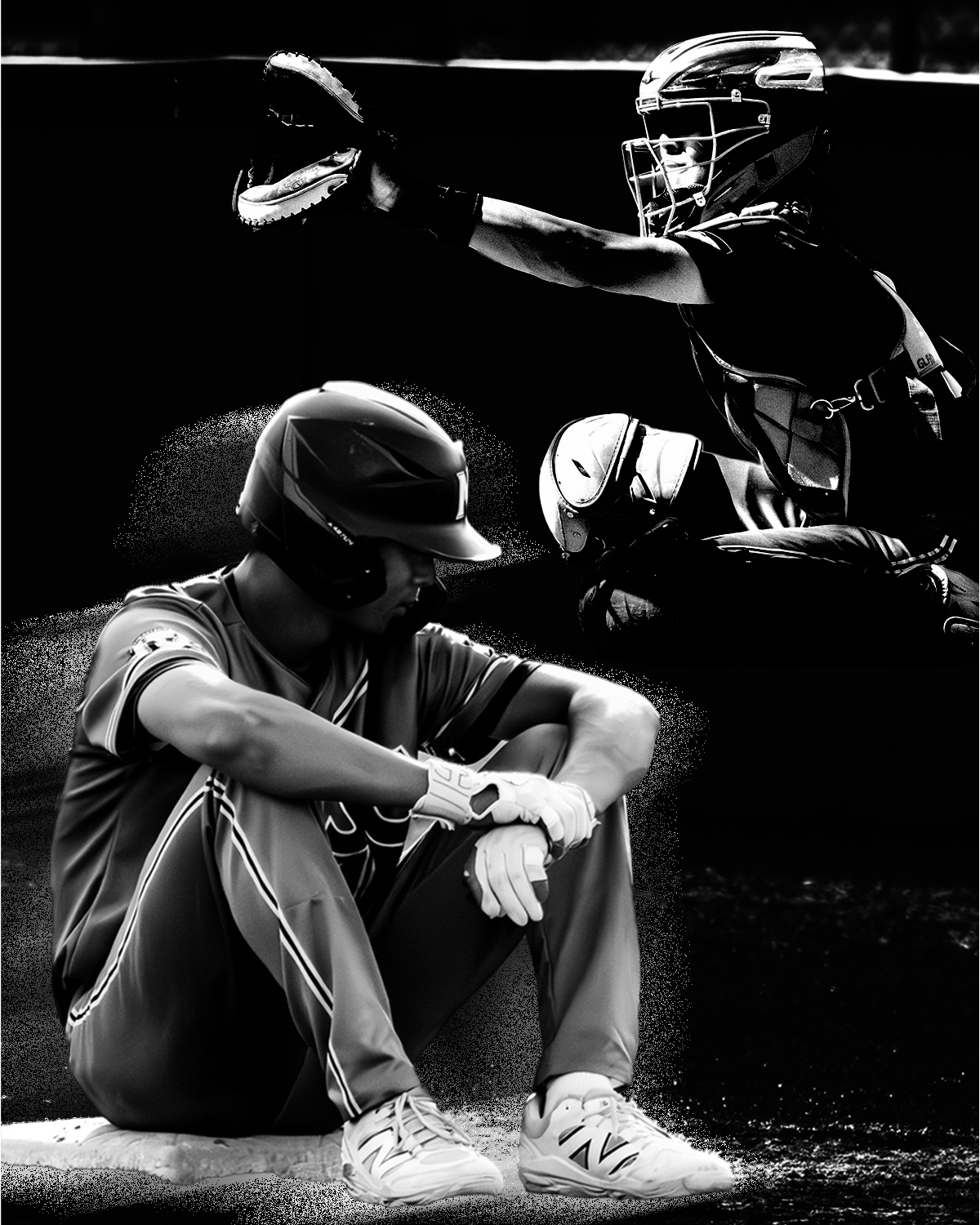 Black and white composite of baseball player sitting dejected and catcher tagging.