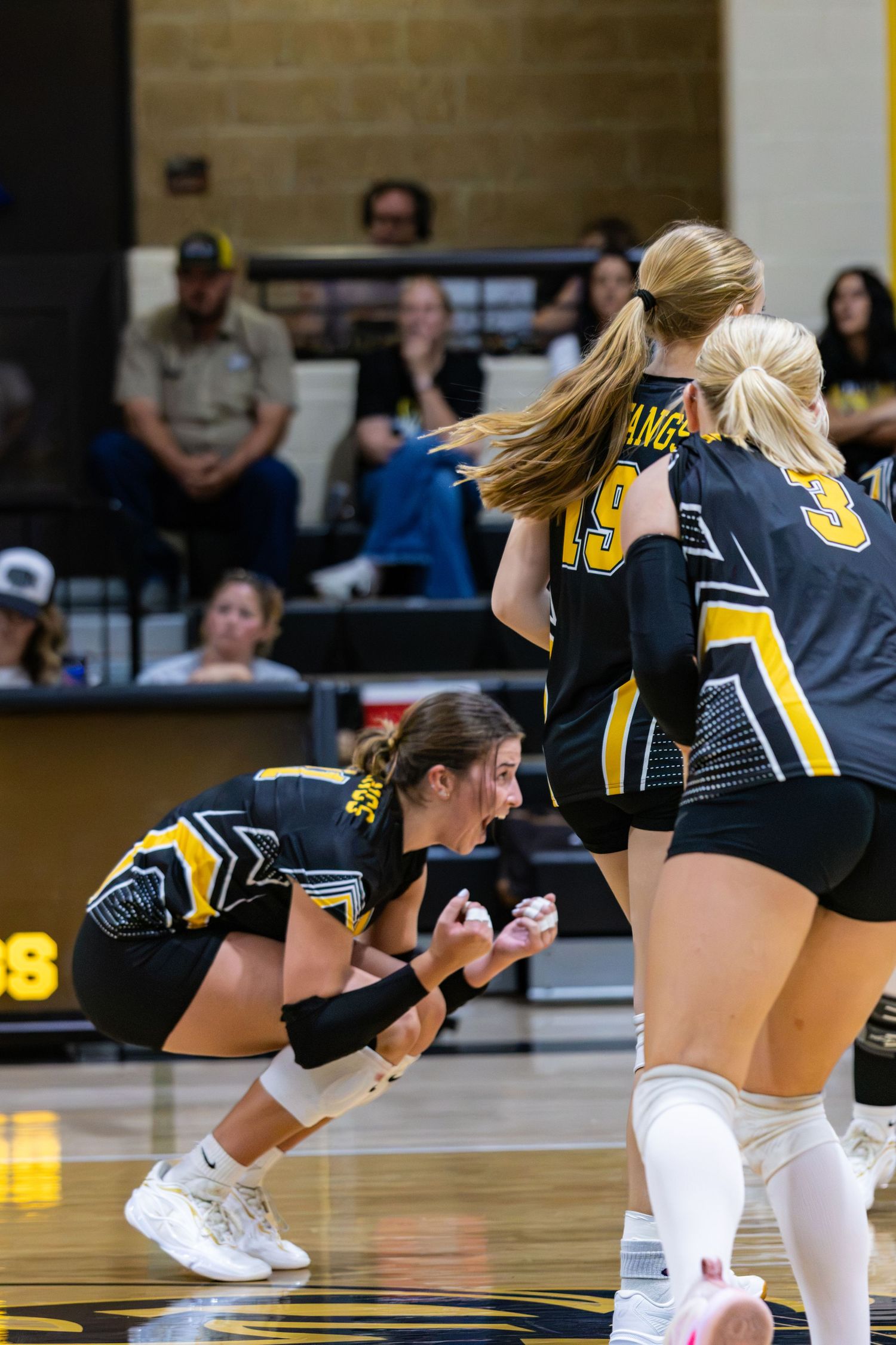 Volleyball player crouches and celebrates enthusiastically with teammates during intense match action.