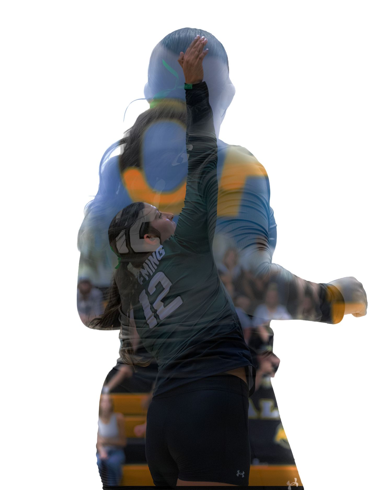 Creative multiple exposure artistic photo of volleyball player number 12 setting ball during indoor match.
