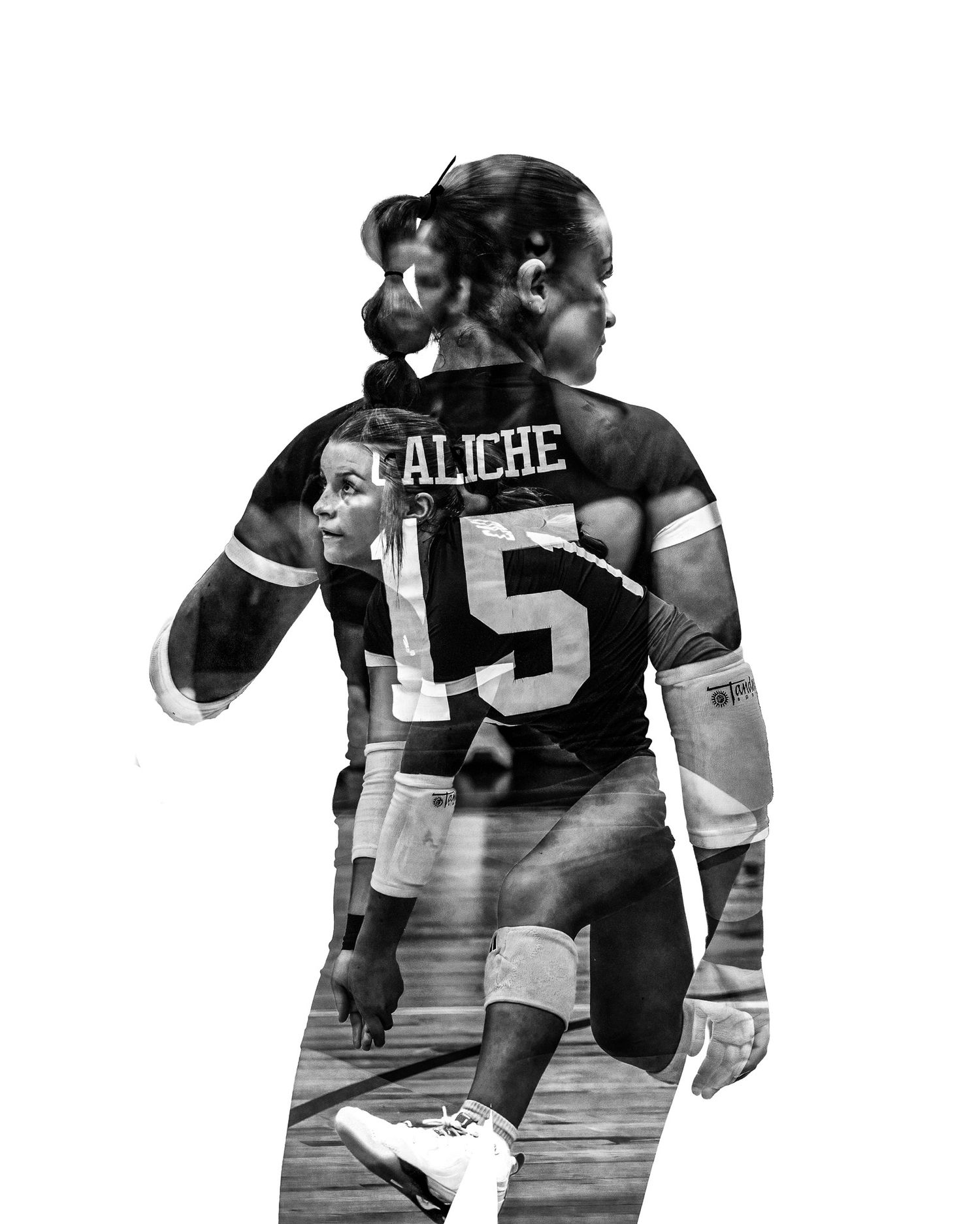 Black and white double exposure of volleyball player wearing Laliche number 15 jersey on court.