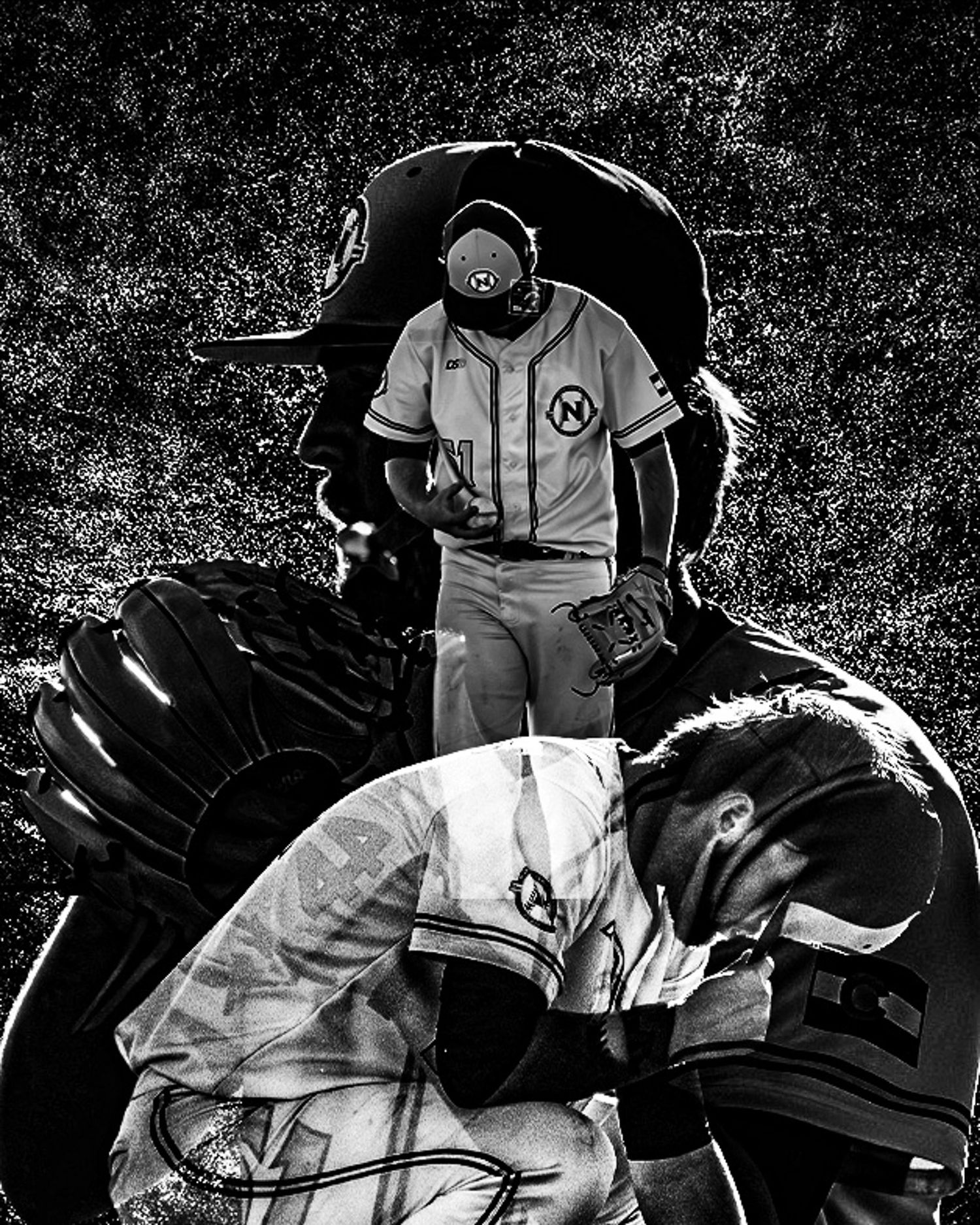 Dramatic black and white composite of baseball players, featuring a catcher and pitcher in artistic overlay.