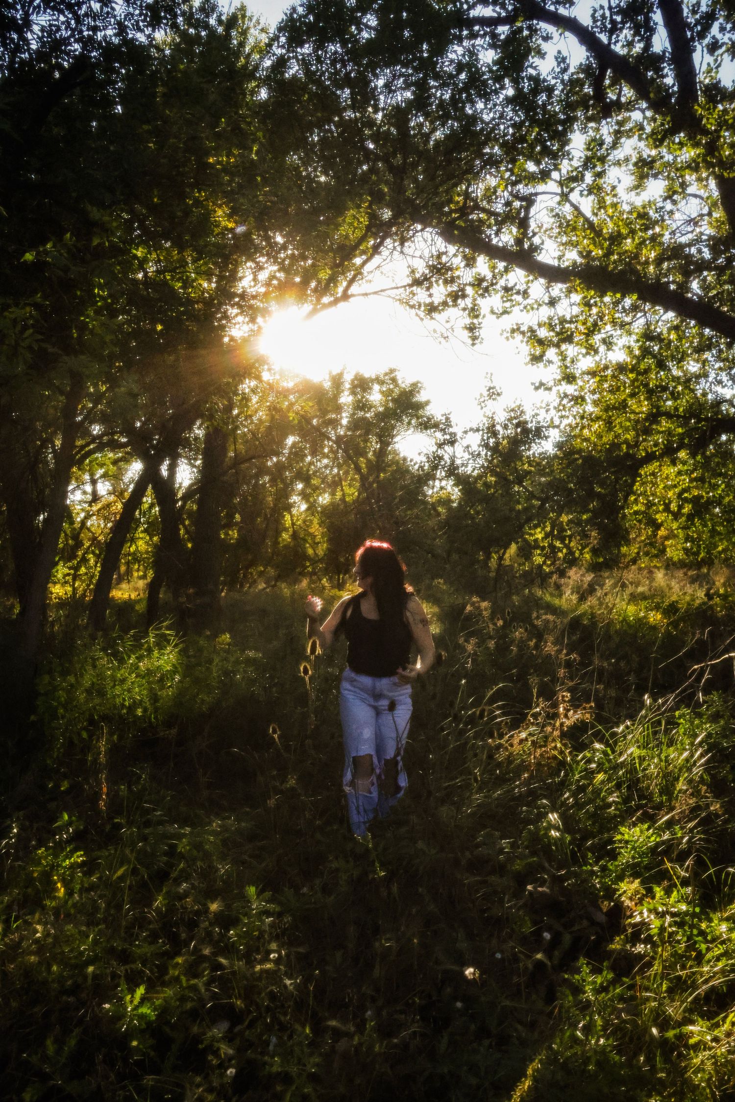 Woman walking through dense green forest undergrowth with sunlight streaming through the trees.