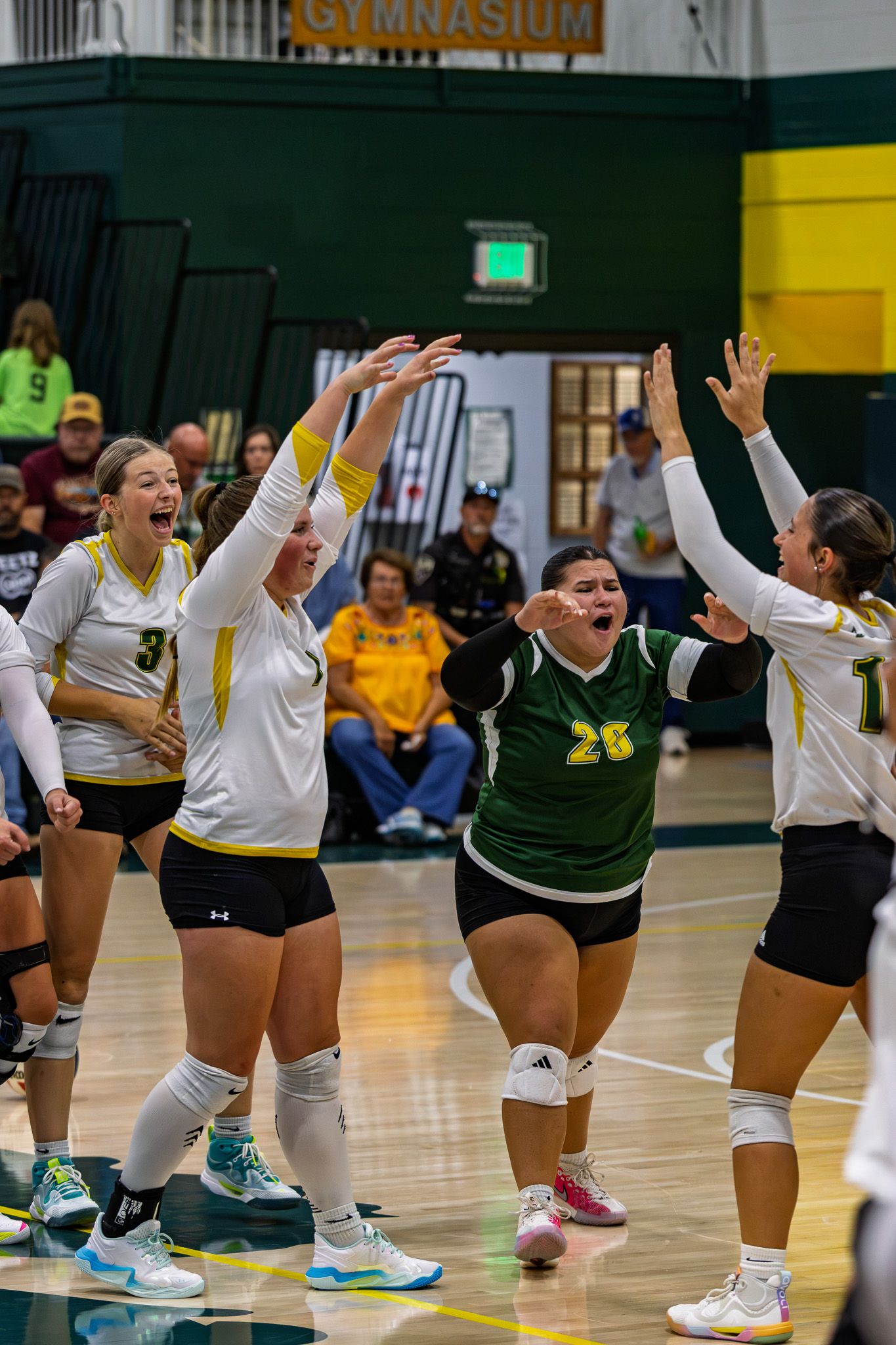 Female volleyball players in yellow and green uniforms celebrating a point with high fives on the court.
