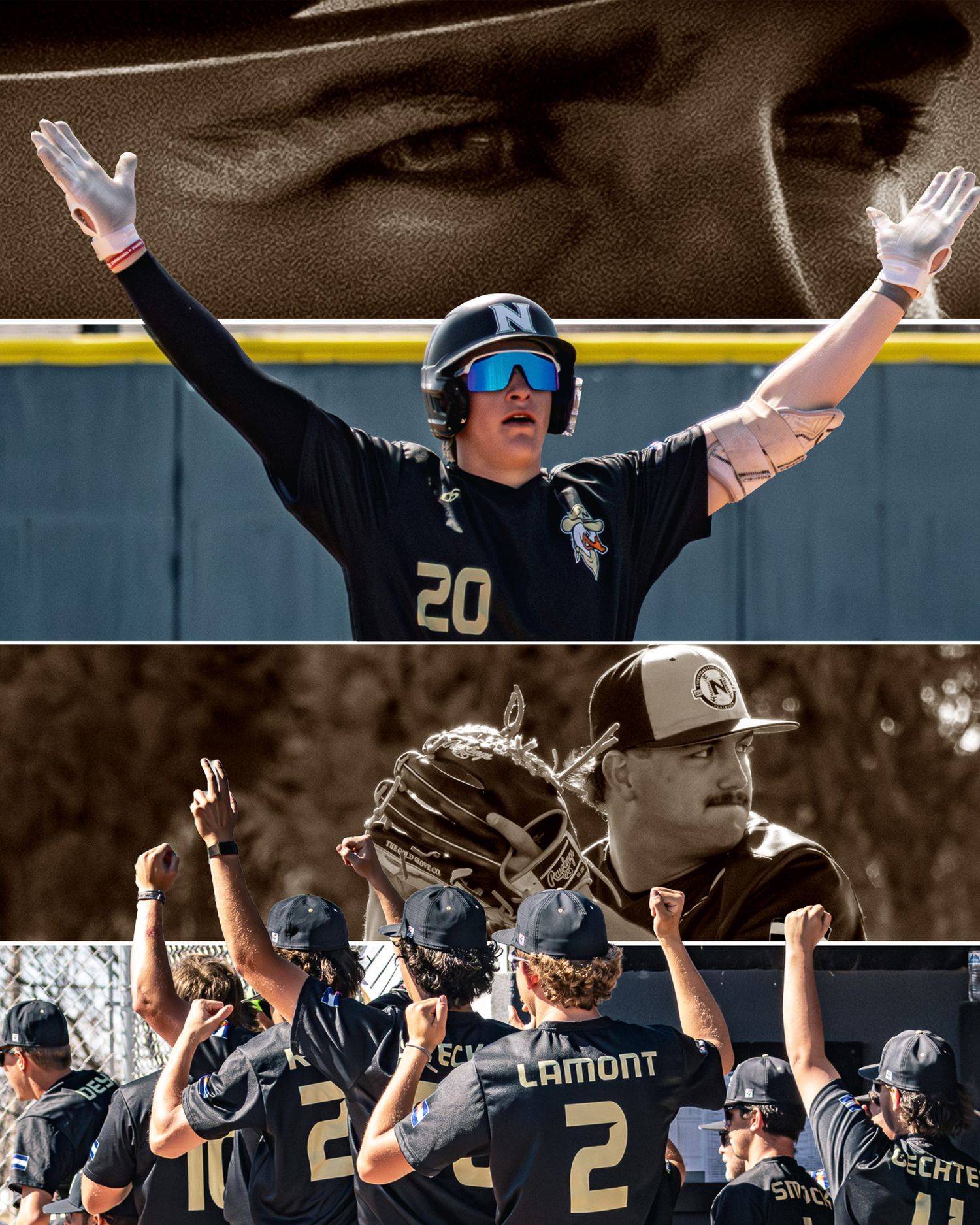 Composite photo of baseball player #20 celebrating with arms raised and team huddle.