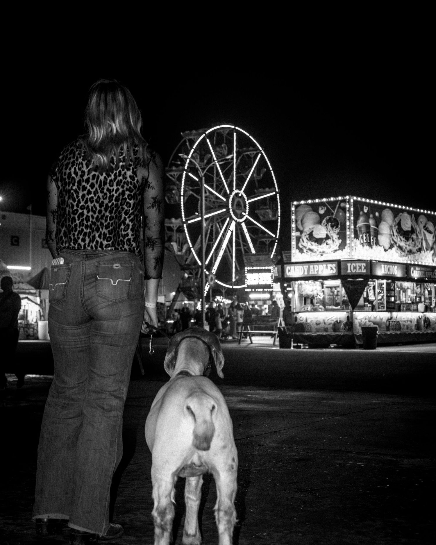 Black and white photo of woman with goat on lead facing lit Ferris wheel at county fair at night.