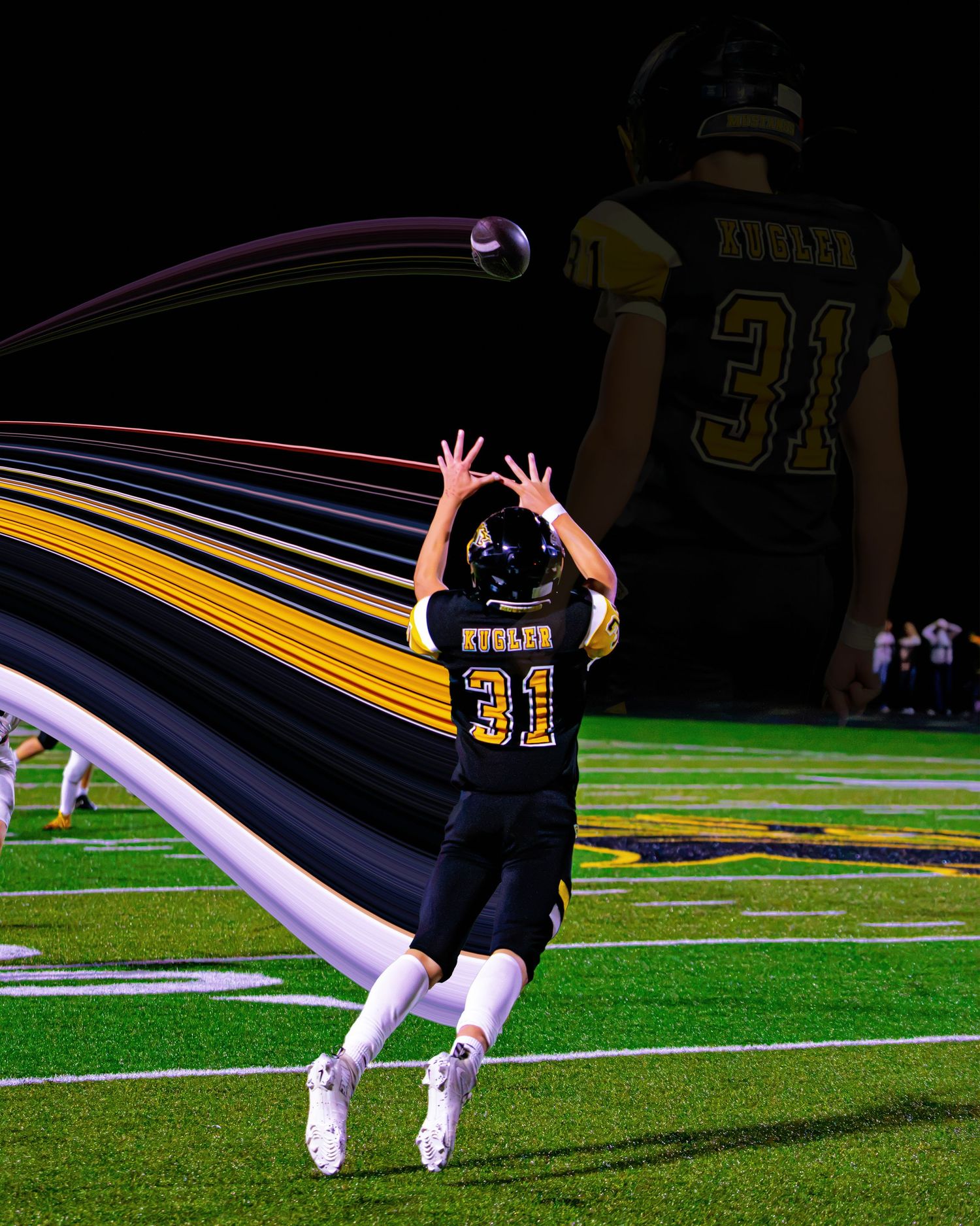 Football player number 31 leaping to catch pass with creative motion blur composite effect at night game.