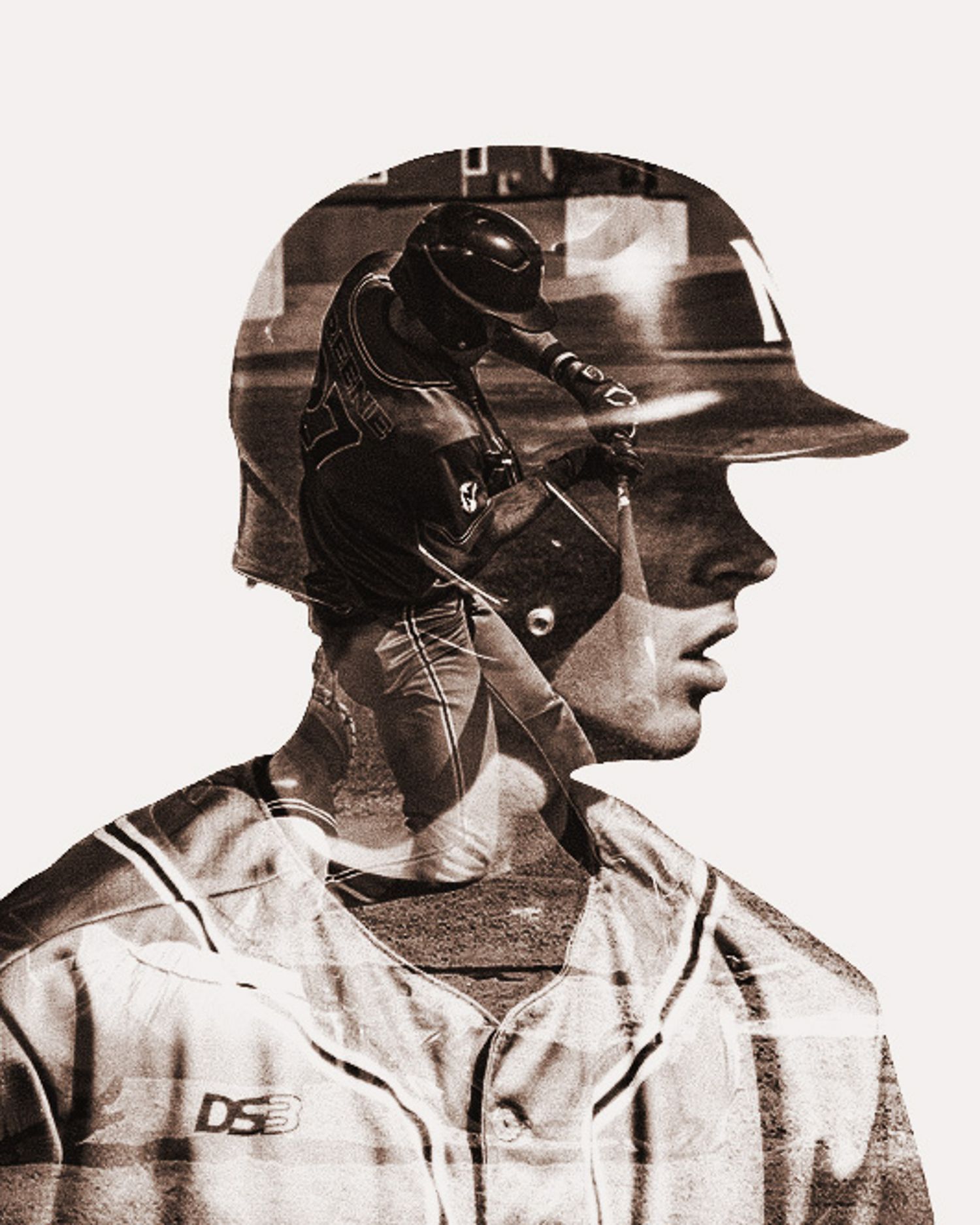 Double exposure artistic photo of a baseball player batting overlaid on a portrait in sepia tones.
